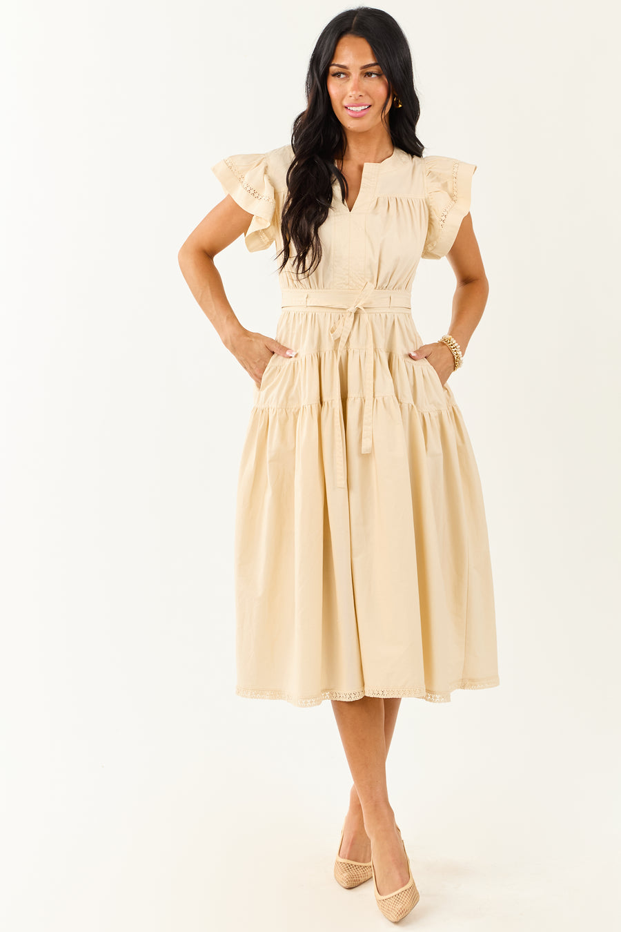 Desert Sand Lace Trim Ruffle Sleeve Cotton Midi Dress