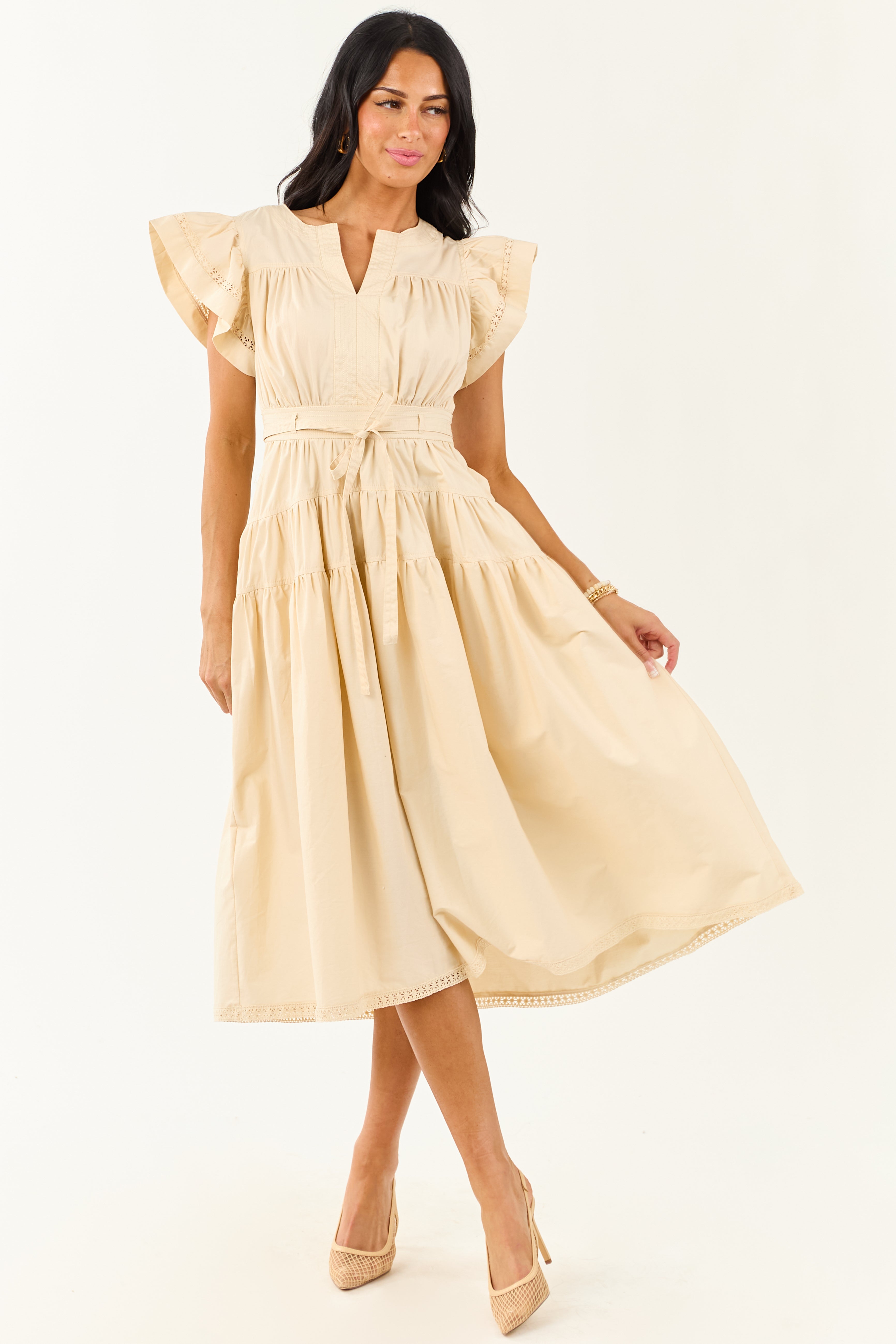Desert Sand Lace Trim Ruffle Sleeve Cotton Midi Dress