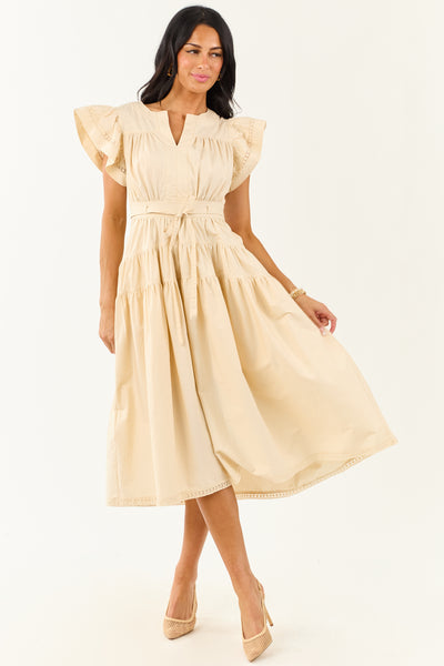 Desert Sand Lace Trim Ruffle Sleeve Cotton Midi Dress