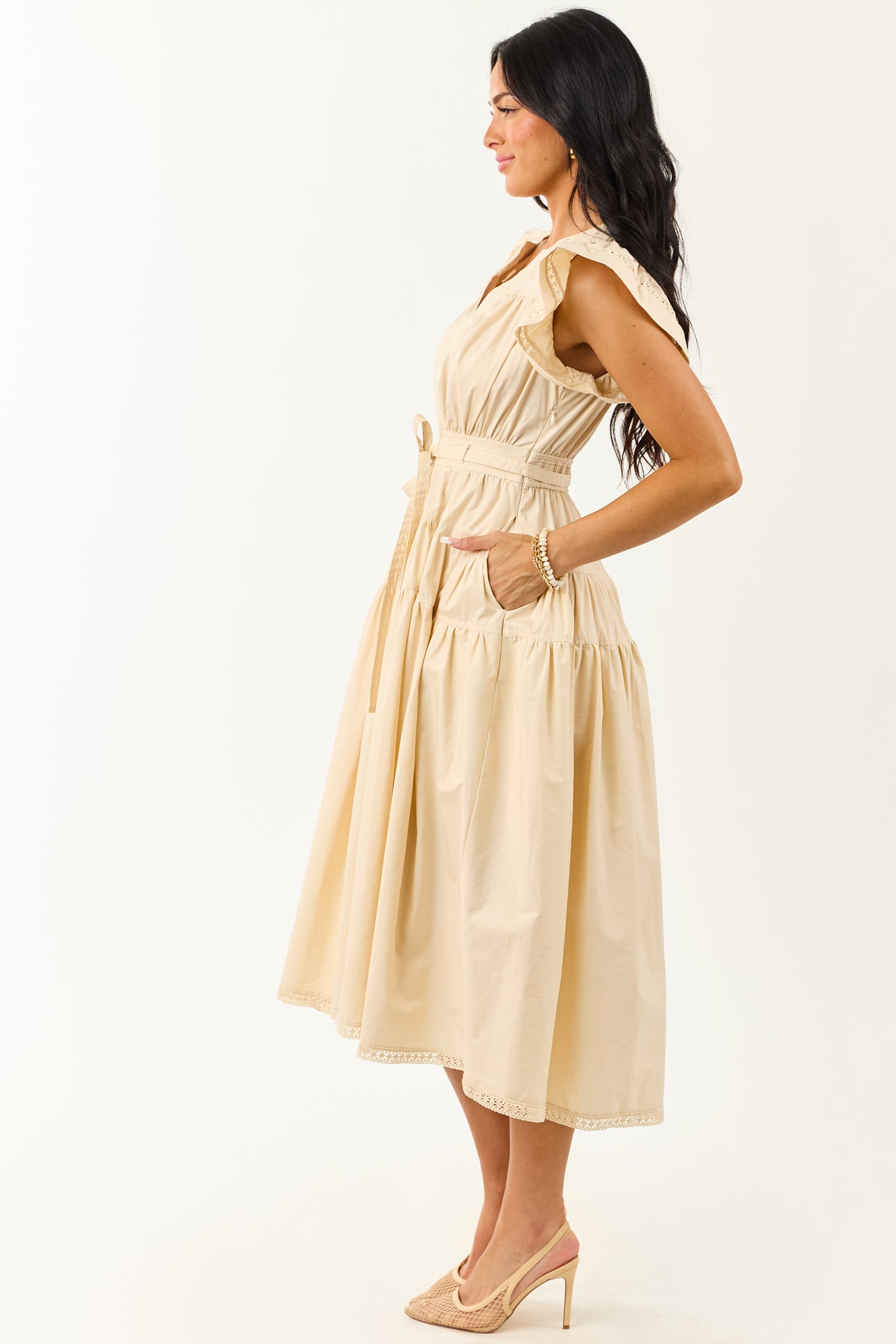 Desert Sand Lace Trim Ruffle Sleeve Cotton Midi Dress