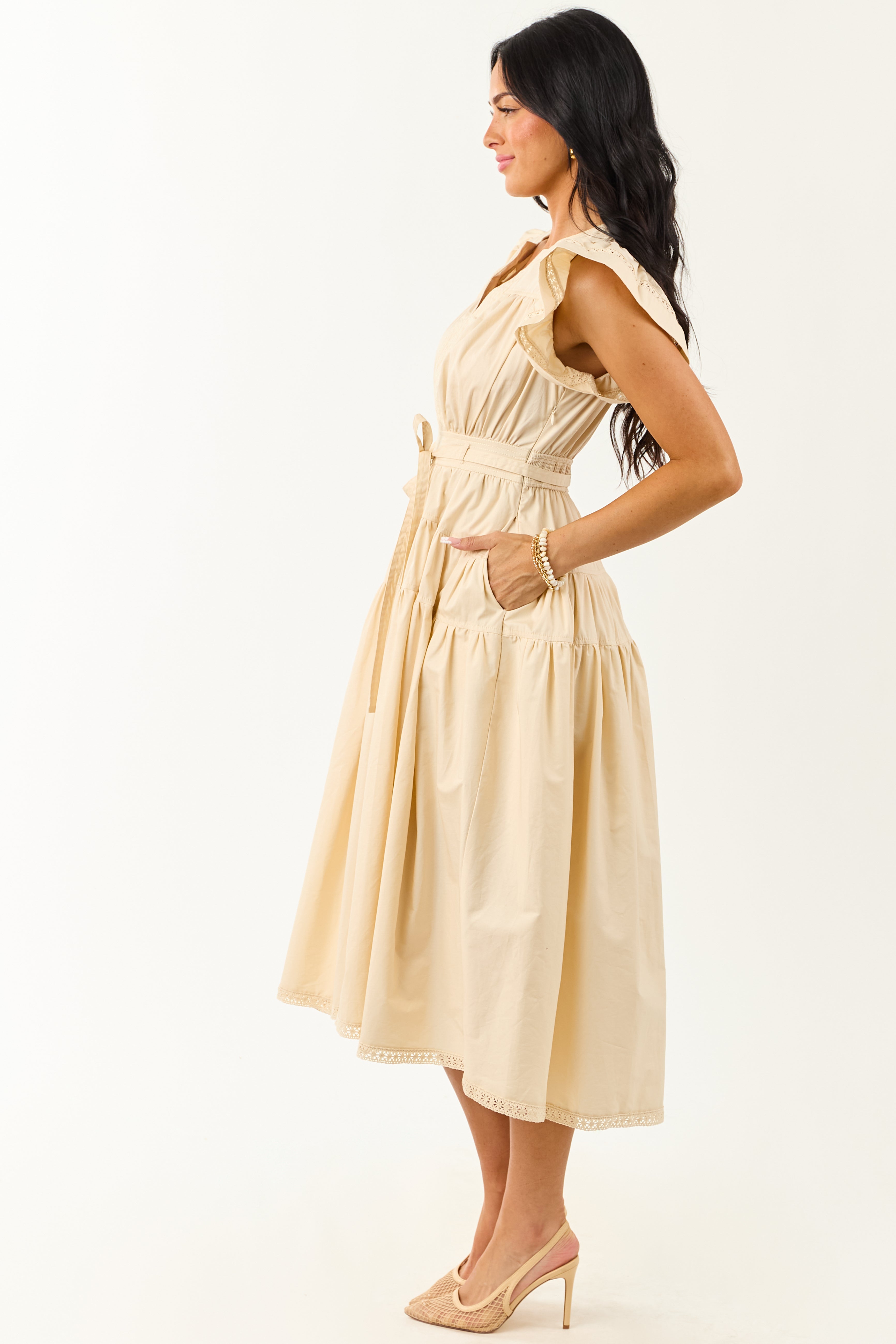Desert Sand Lace Trim Ruffle Sleeve Cotton Midi Dress