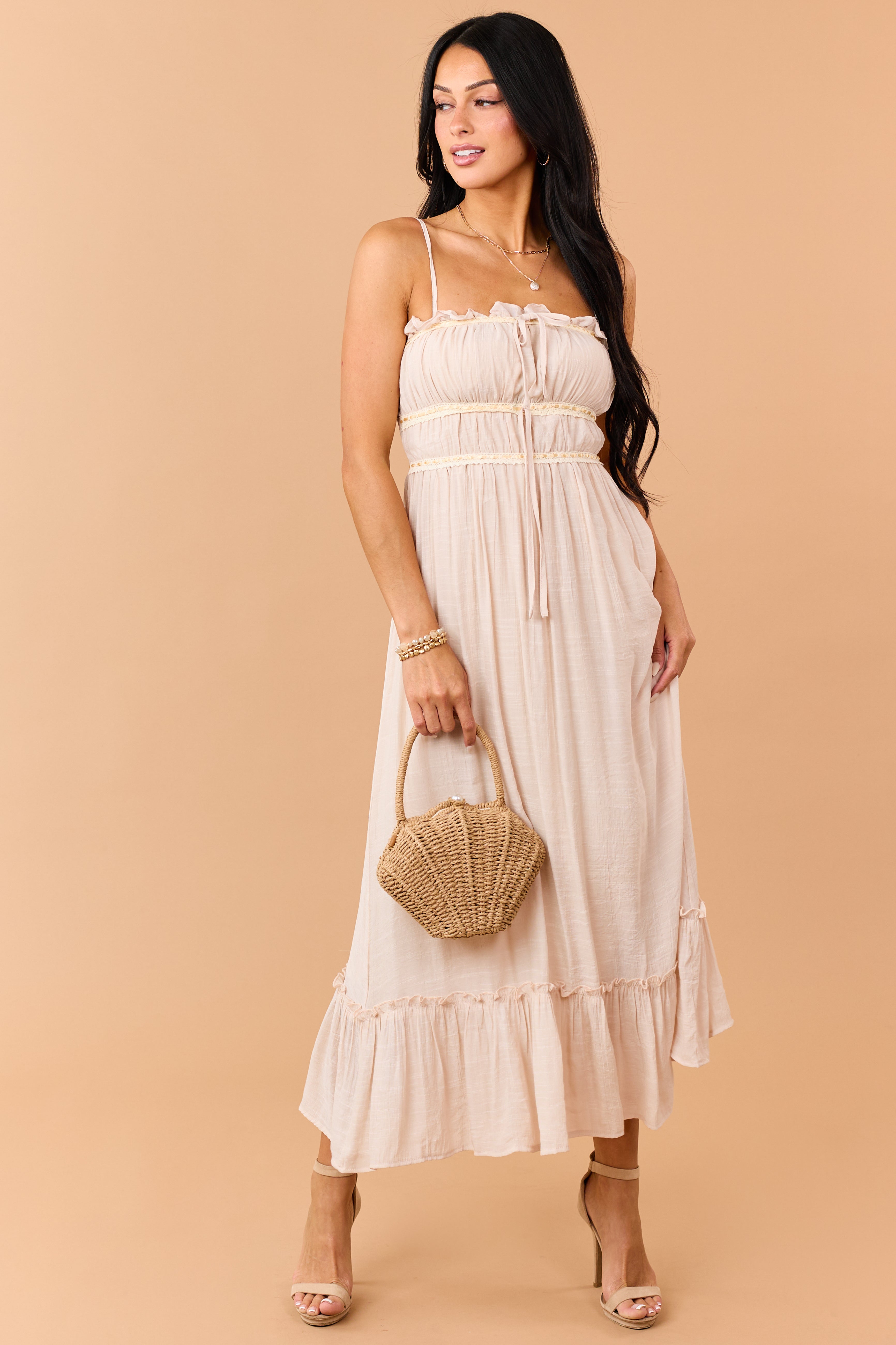 beige lace dress Desert Sand Lace Trim Sleeveless Maxi Dress
