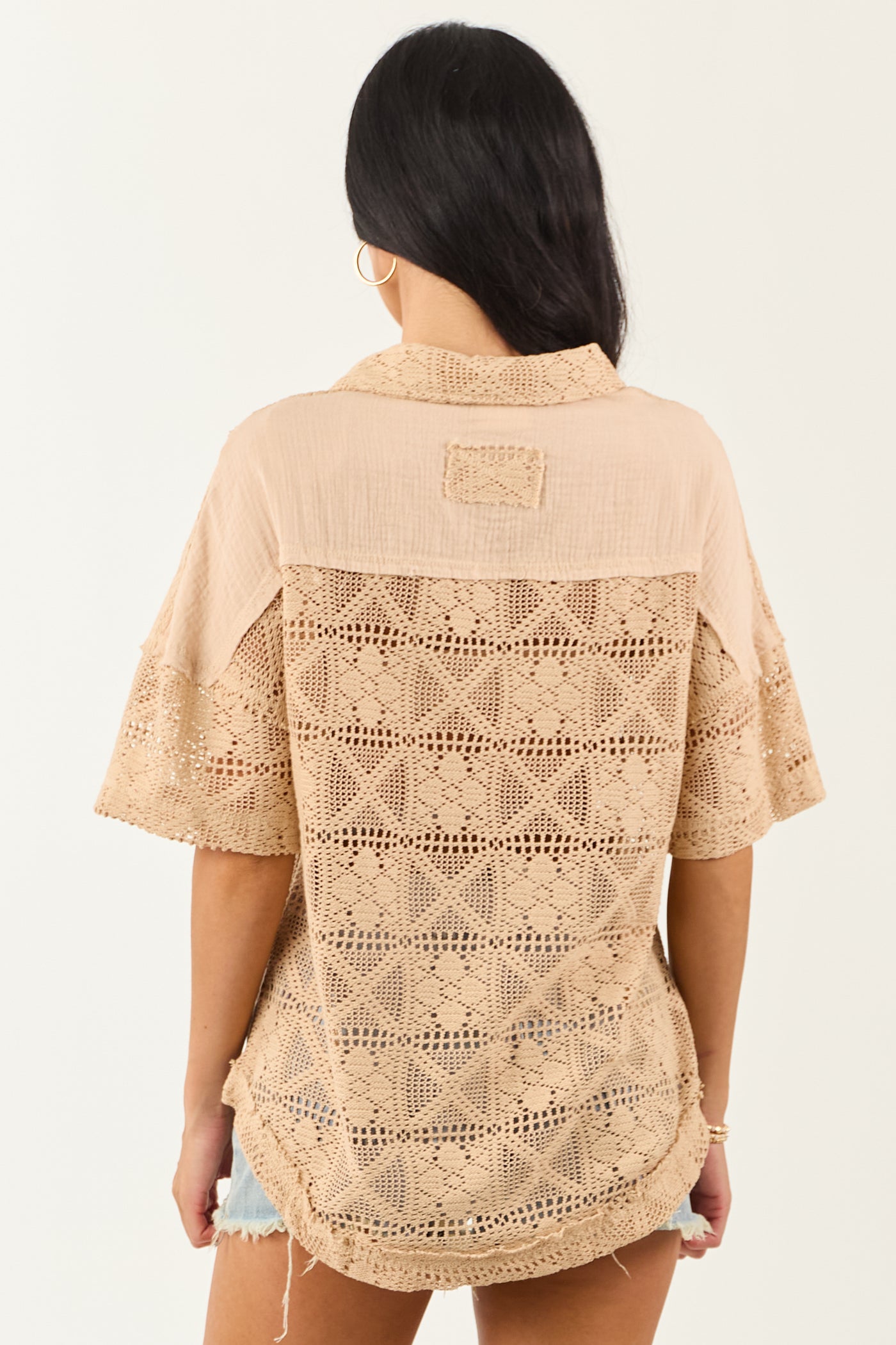 Desert Sand Open Crochet Button Up Short Sleeve Top