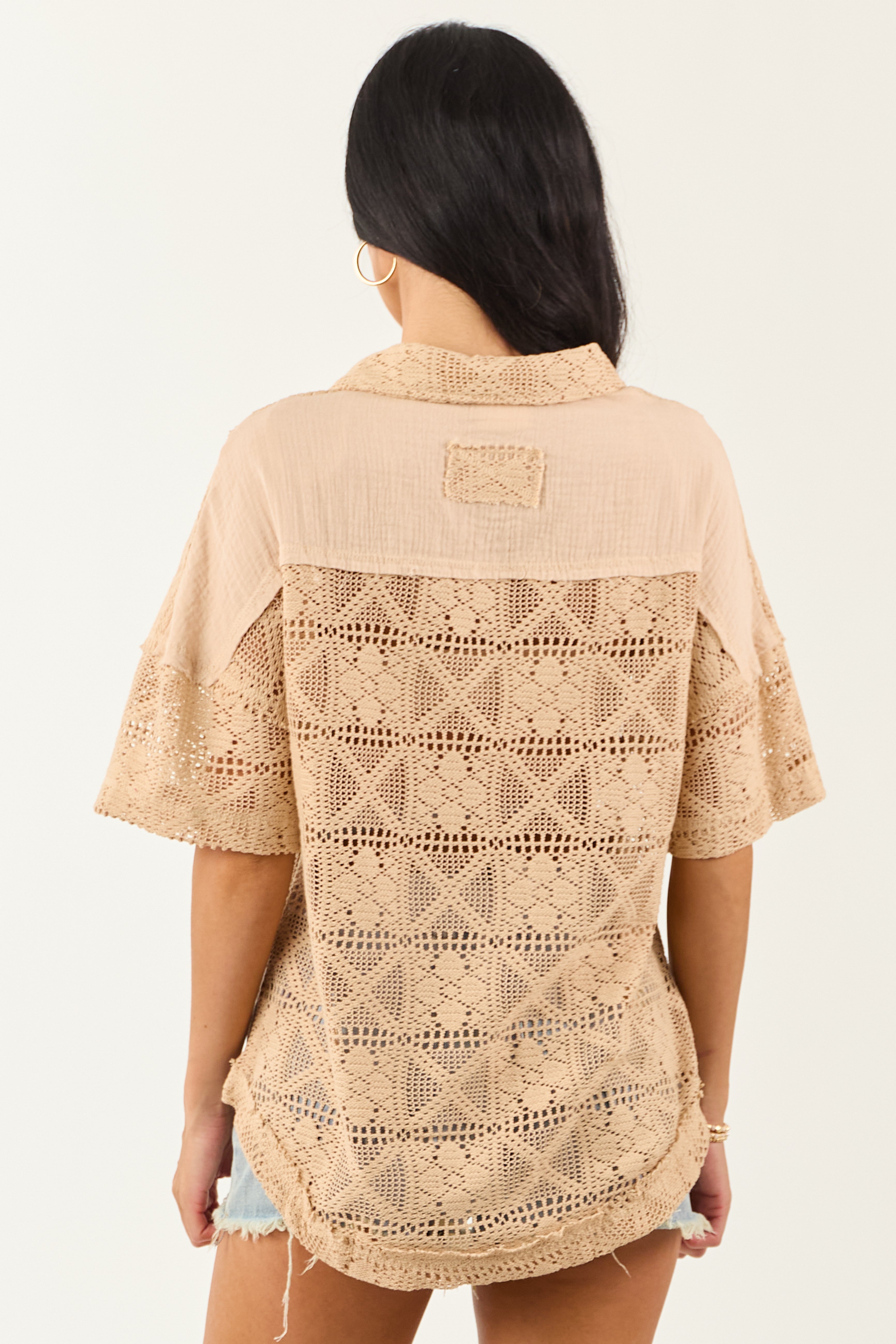 Desert Sand Open Crochet Button Up Short Sleeve Top