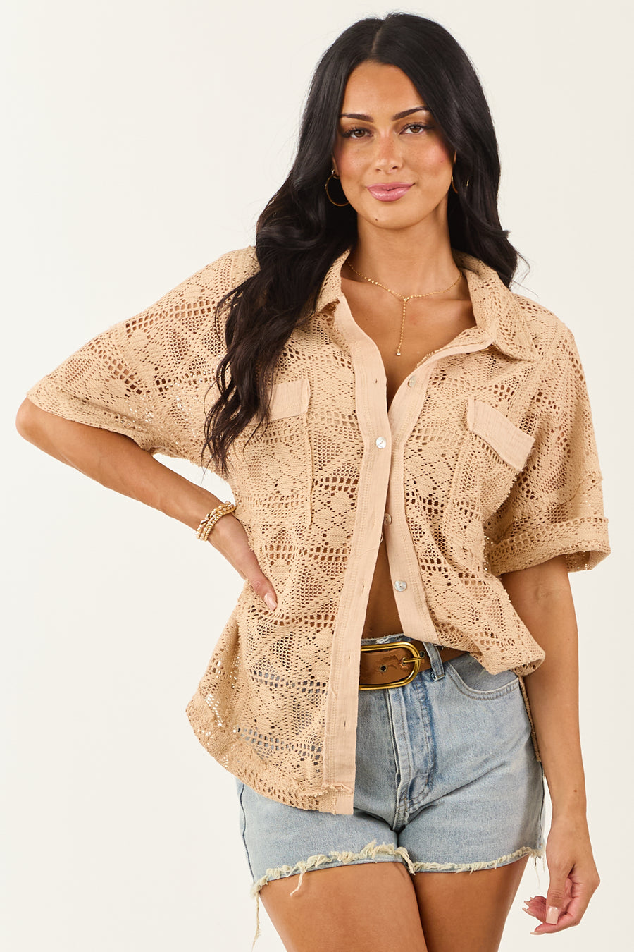 Desert Sand Open Crochet Button Up Short Sleeve Top