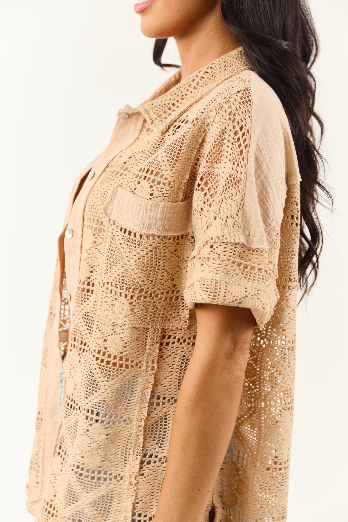 Desert Sand Open Crochet Button Up Short Sleeve Top