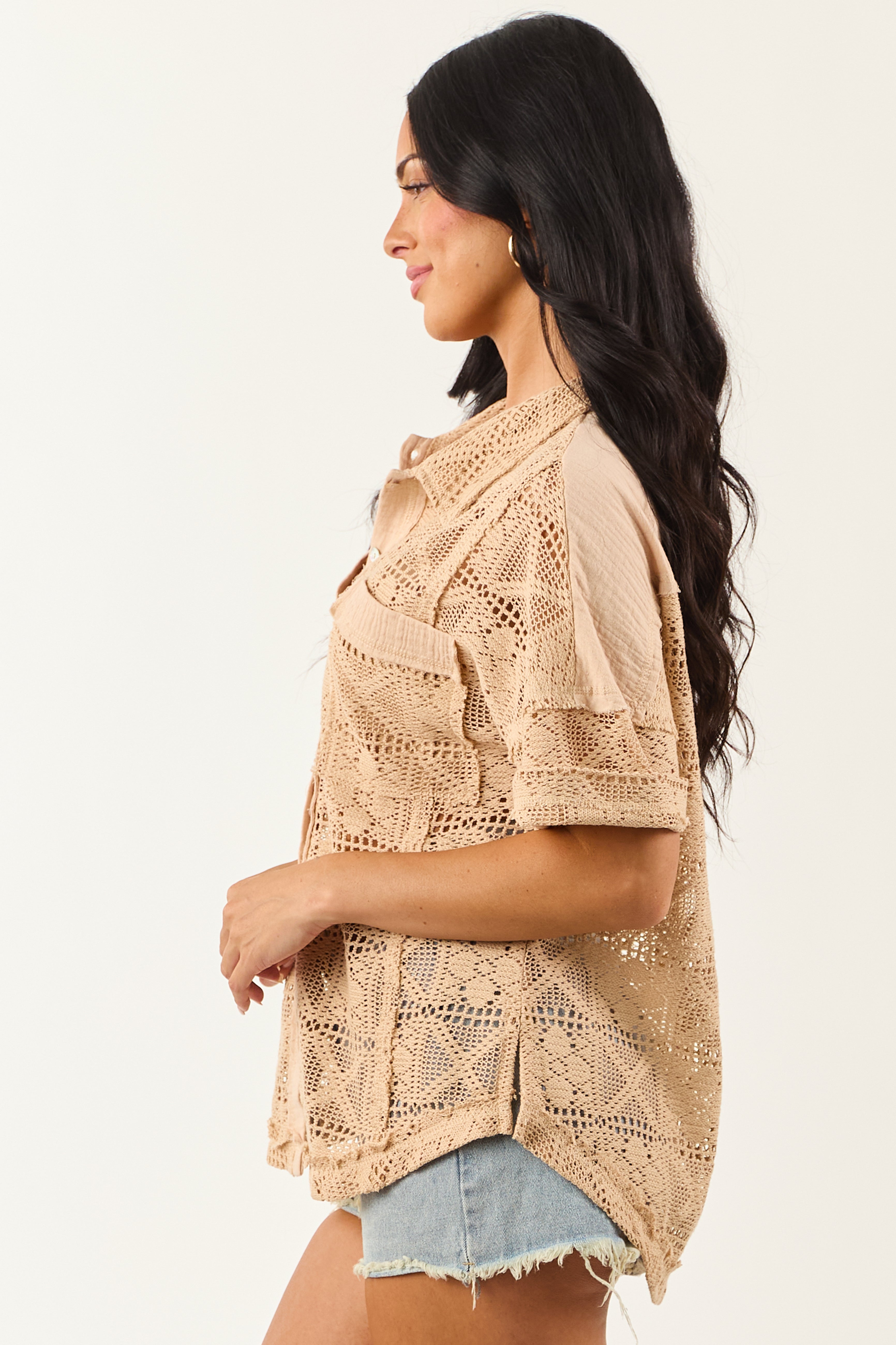 Desert Sand Open Crochet Button Up Short Sleeve Top