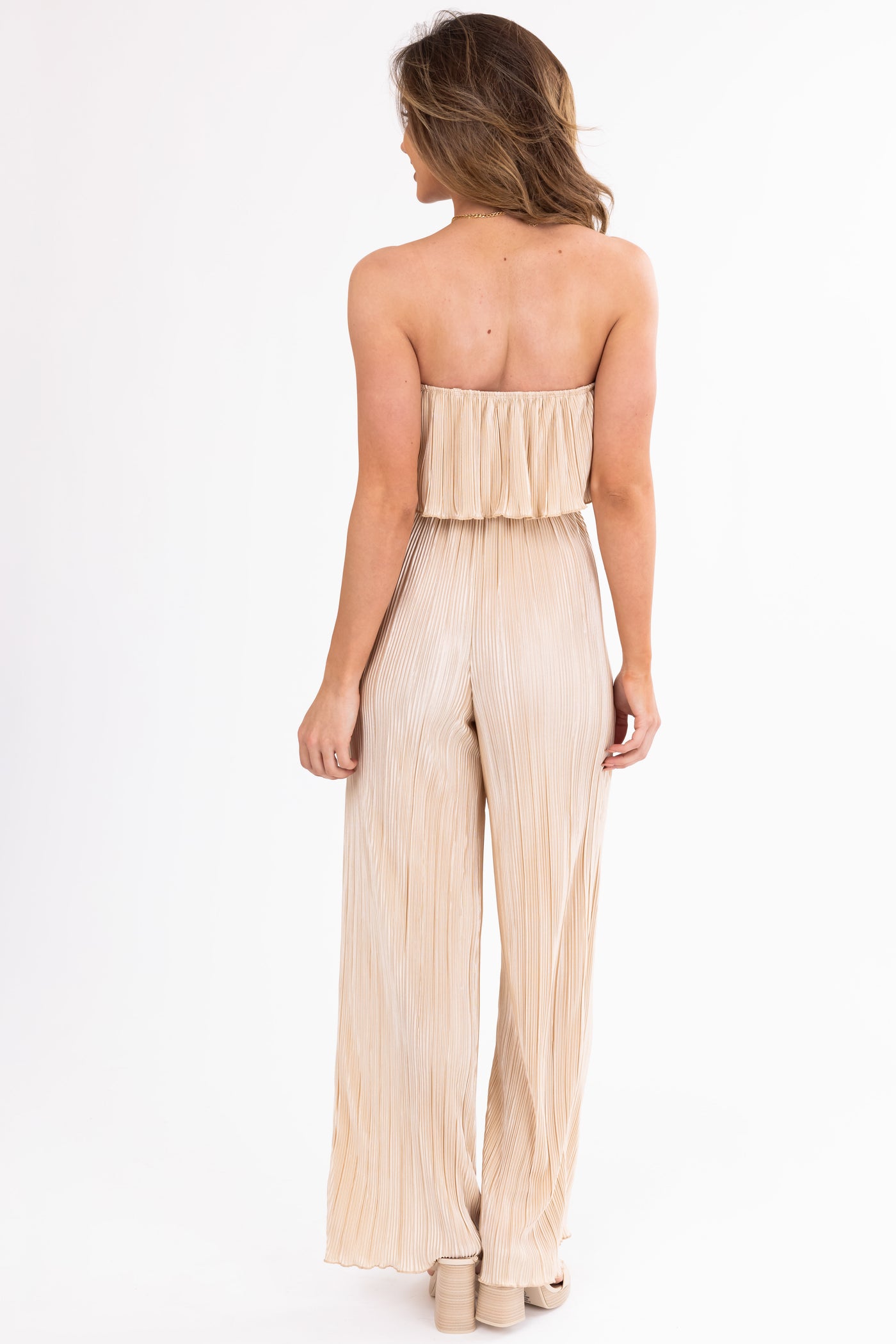 Desert Sand Pleated Sleeveless Overlay Jumpsuit