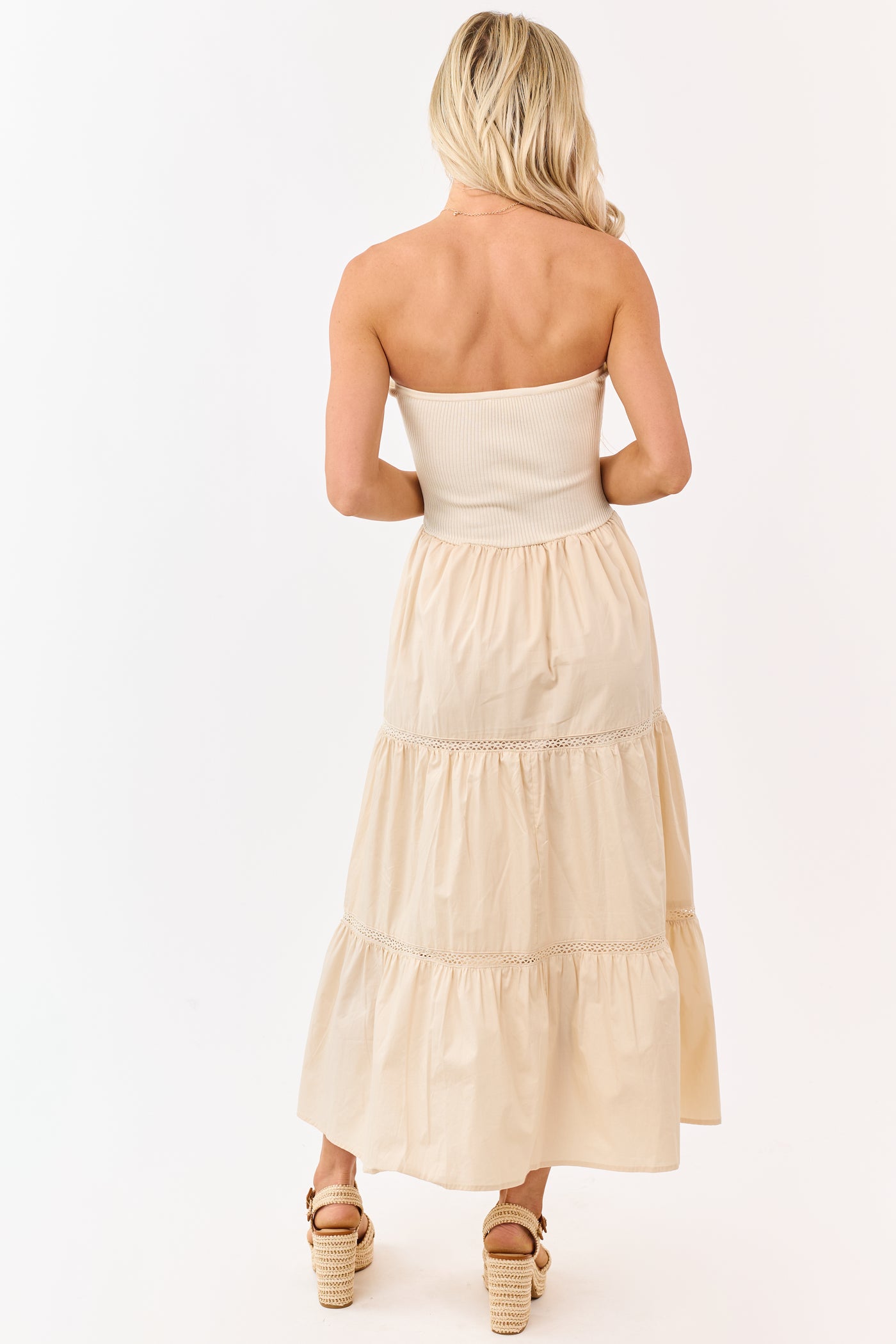 Desert Sand Rib Knit Bodice Tiered Midi Dress