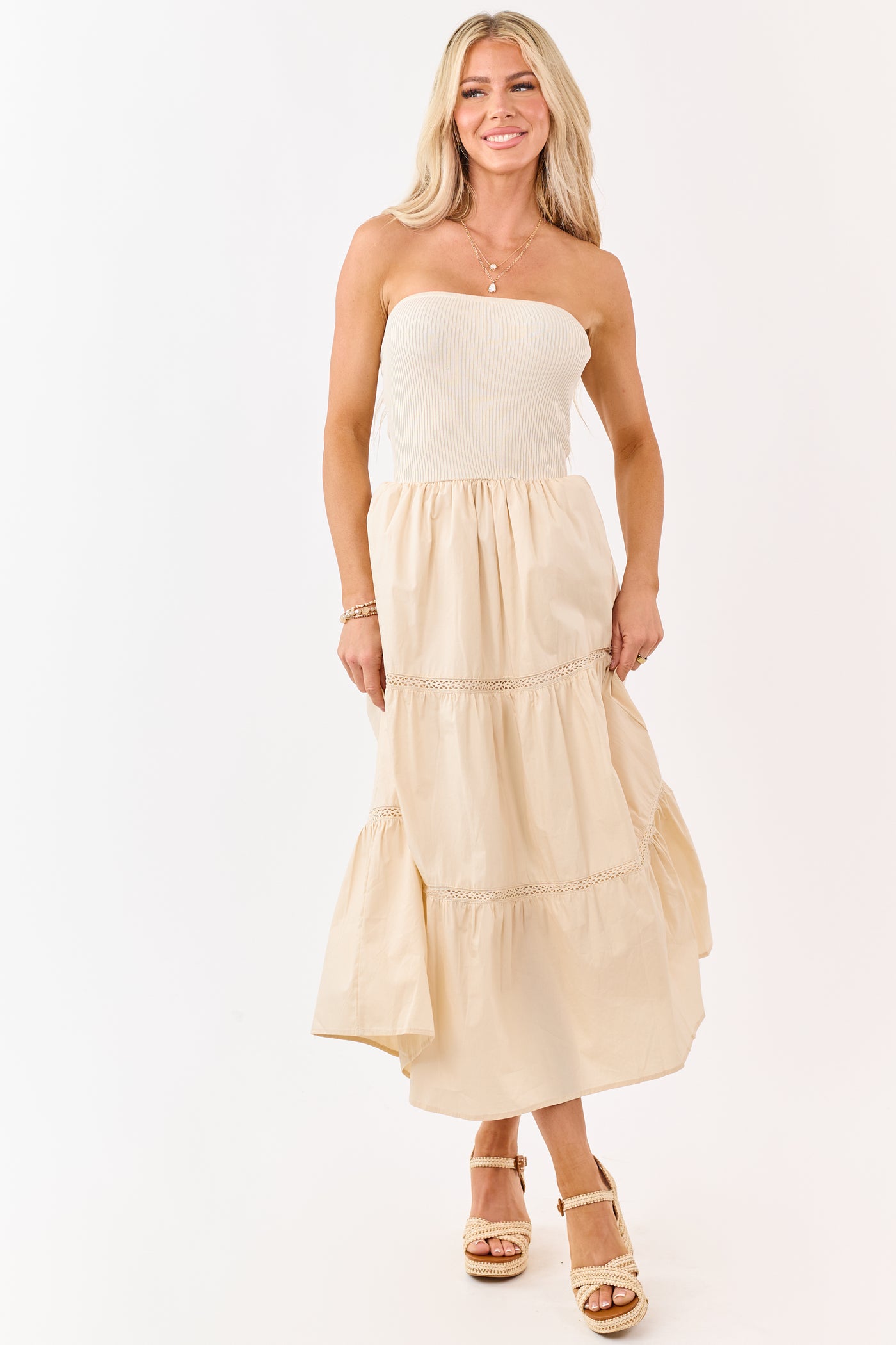 Desert Sand Rib Knit Bodice Tiered Midi Dress