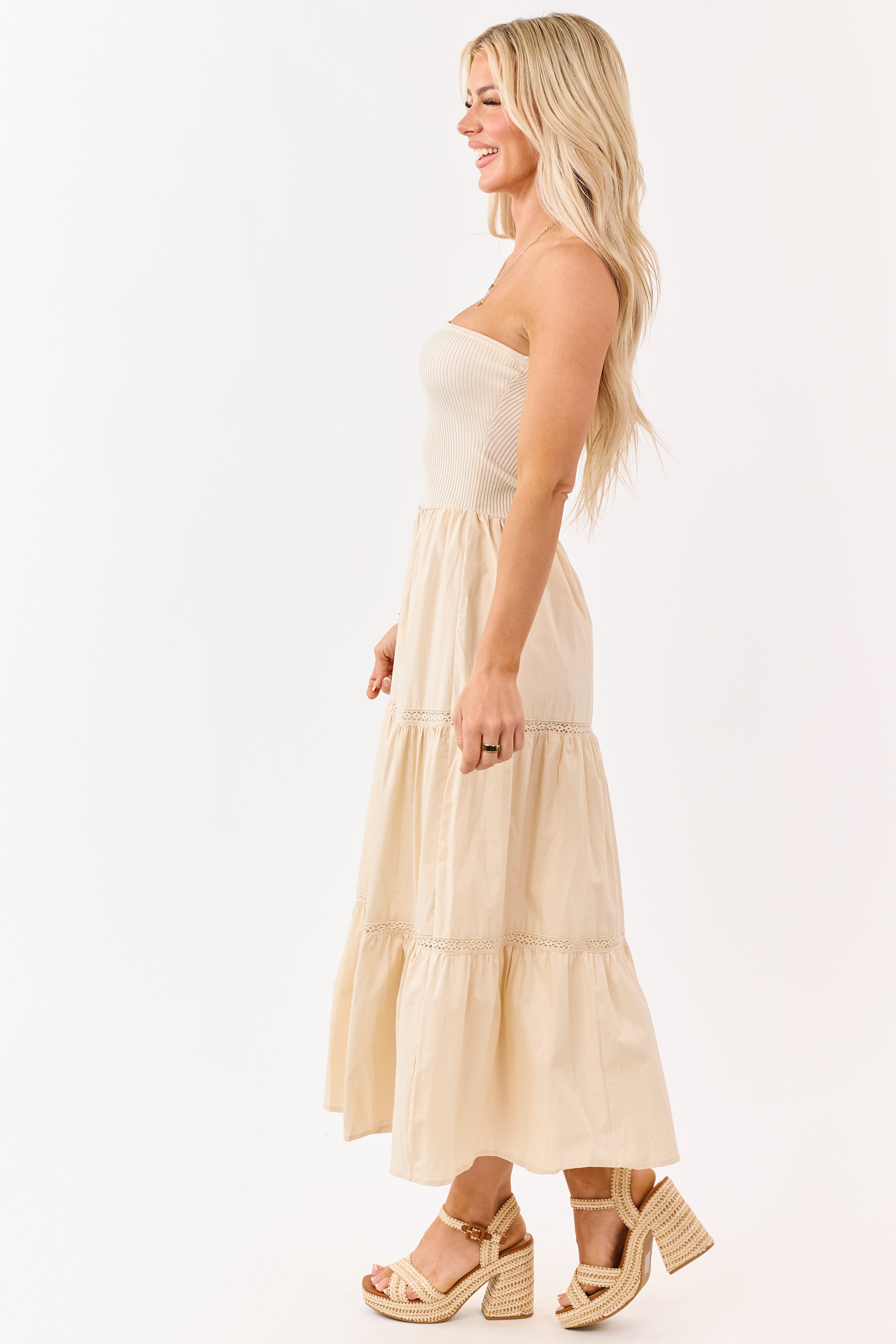 Desert Sand Rib Knit Bodice Tiered Midi Dress