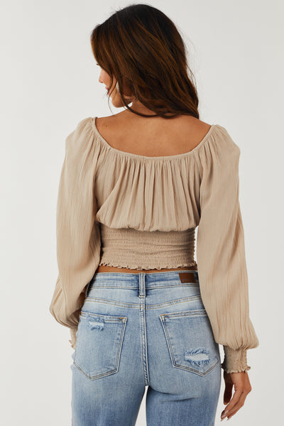 Desert Sand Smocked Waist Long Sleeve Crop Top