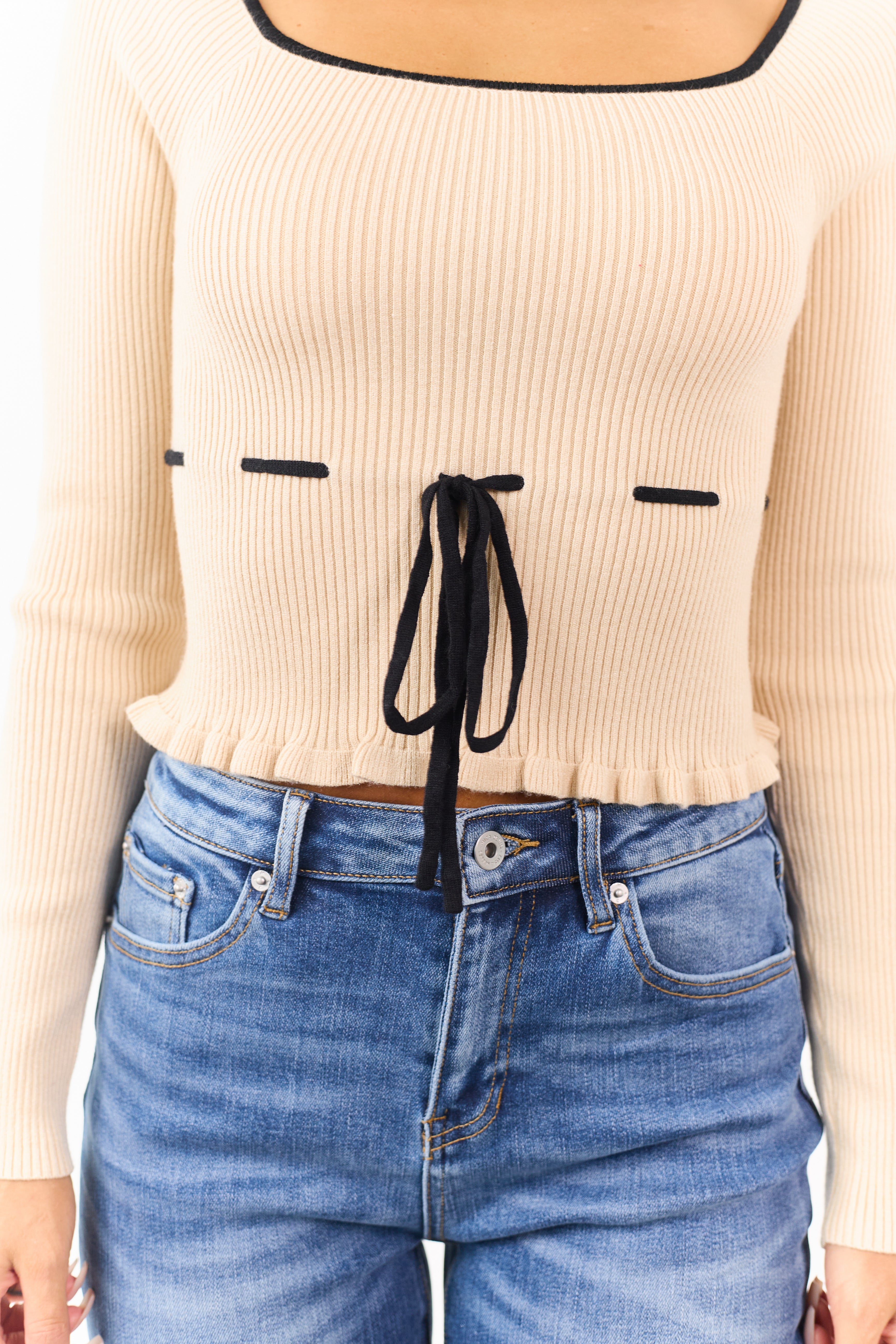 Desert Sand Square Neck Front Tie Knit Top | Lime Lush Boutique