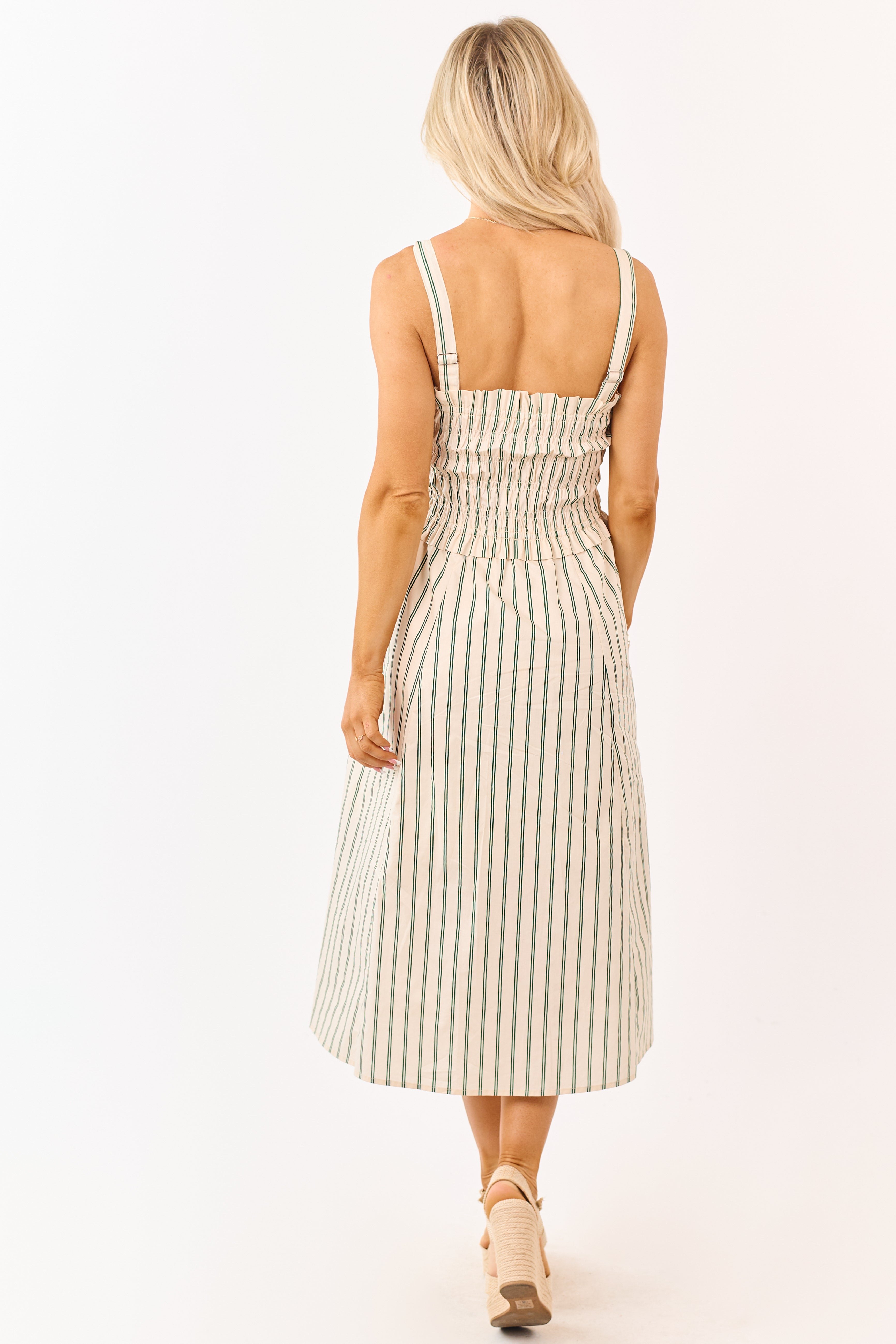 Desert Sand Striped Cotton Smocked Midi Dress