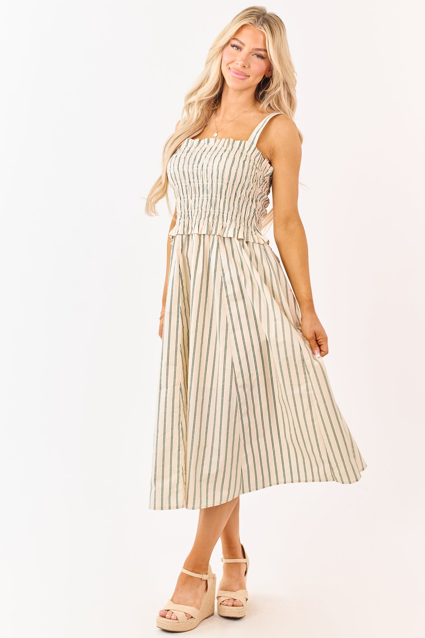 Desert Sand Striped Cotton Smocked Midi Dress