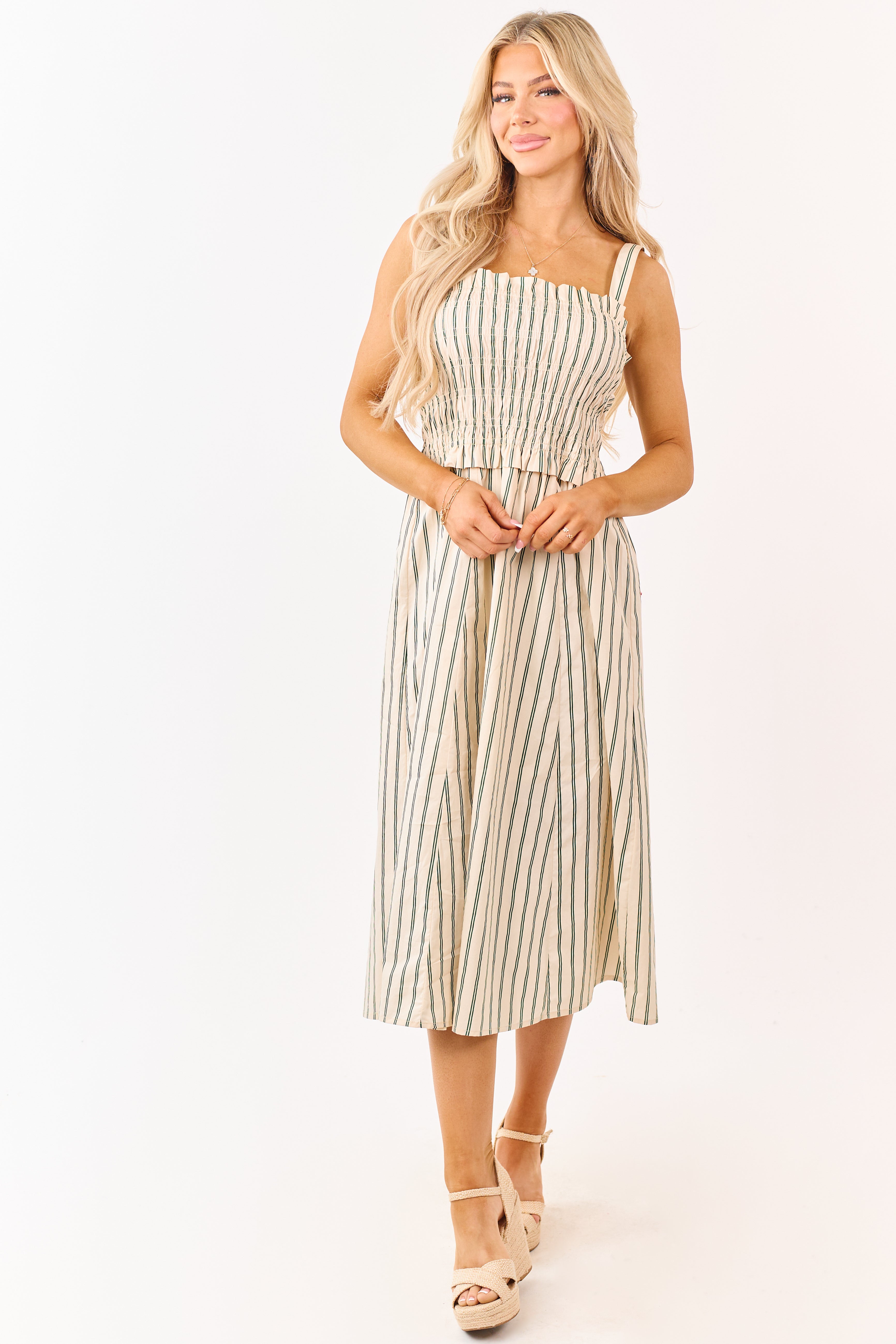 Desert Sand Striped Cotton Smocked Midi Dress