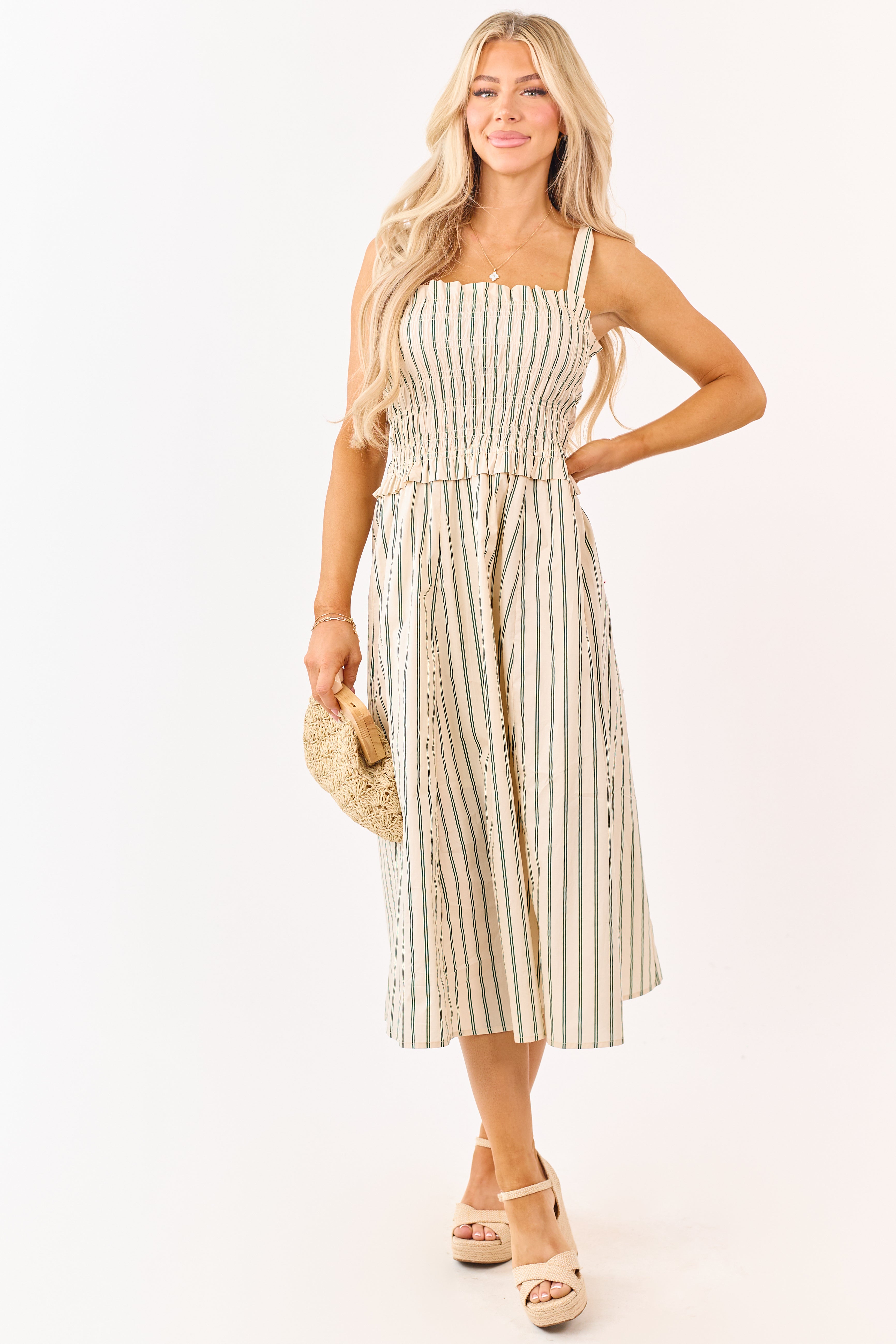 cotton smocked dress Desert Sand Striped Cotton Smocked Midi Dress