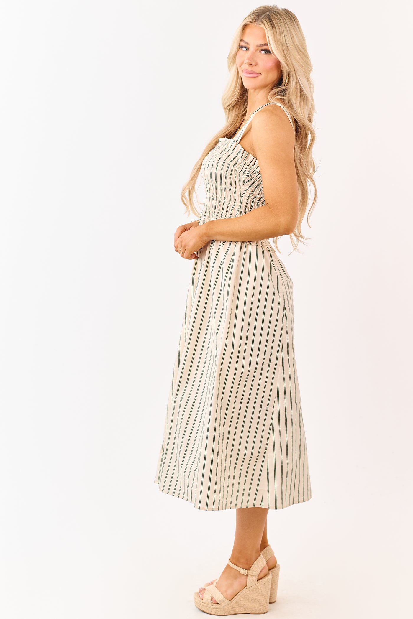 Desert Sand Striped Cotton Smocked Midi Dress