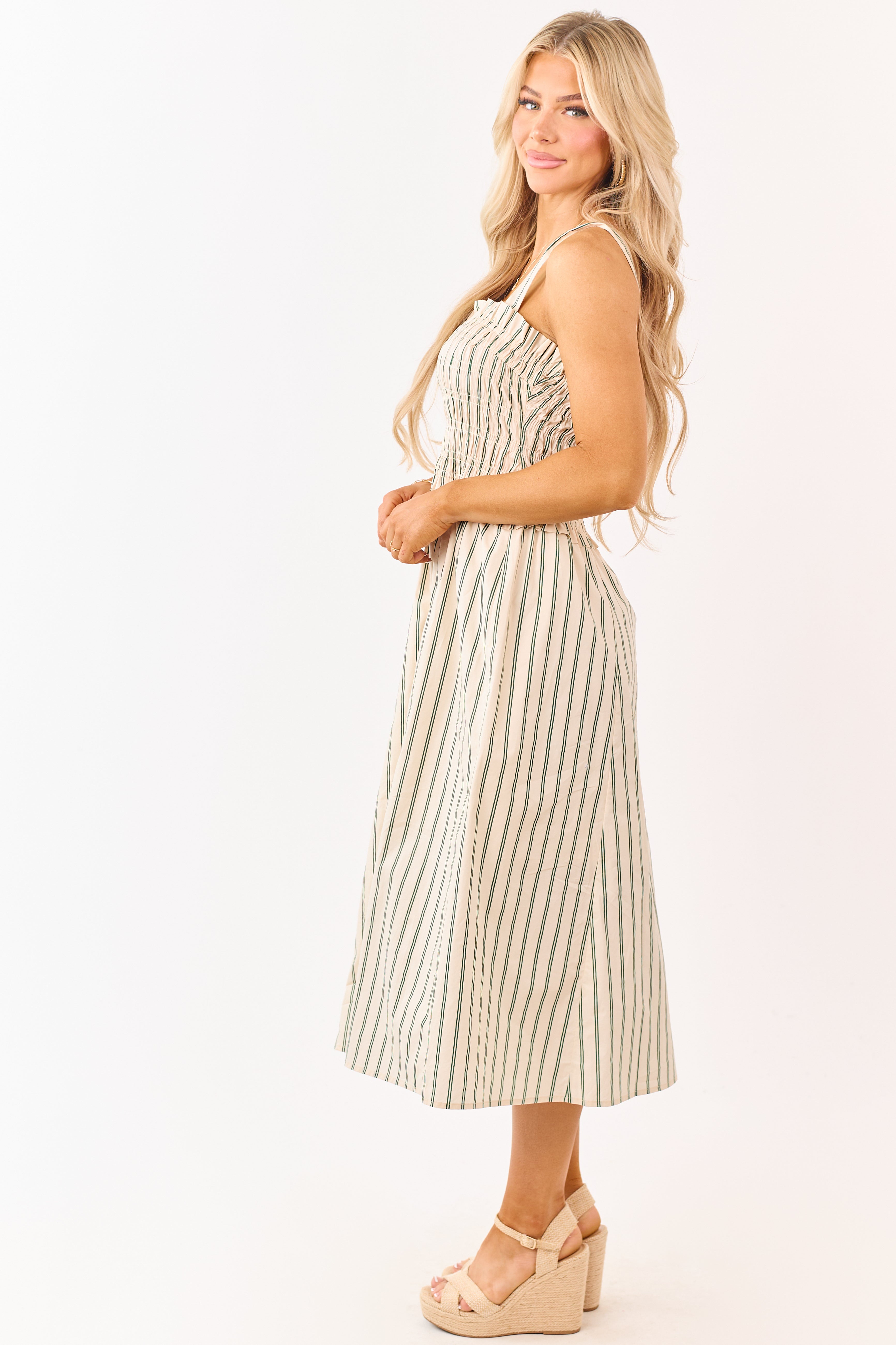 Desert Sand Striped Cotton Smocked Midi Dress