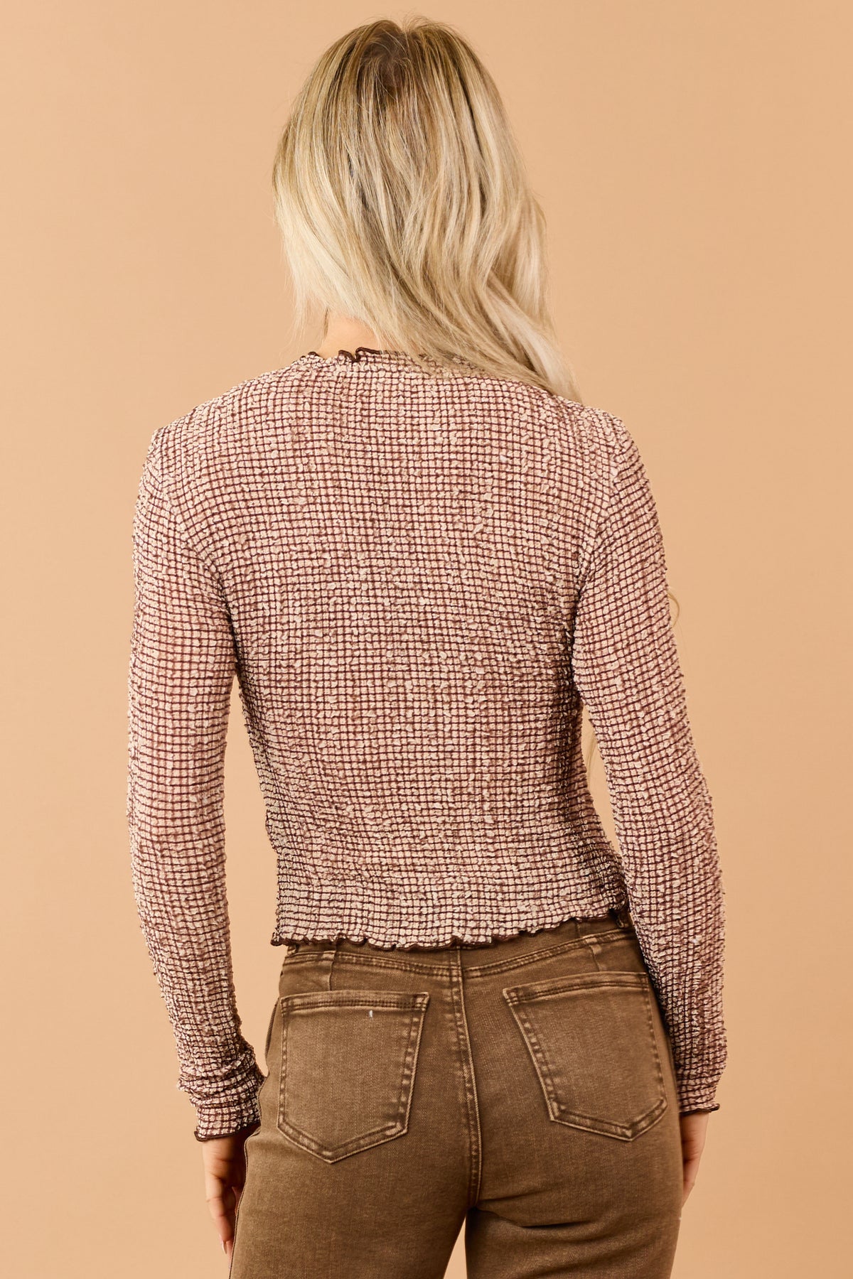 Desert Sand Textured Plaid V-Neck Long Sleeve Top