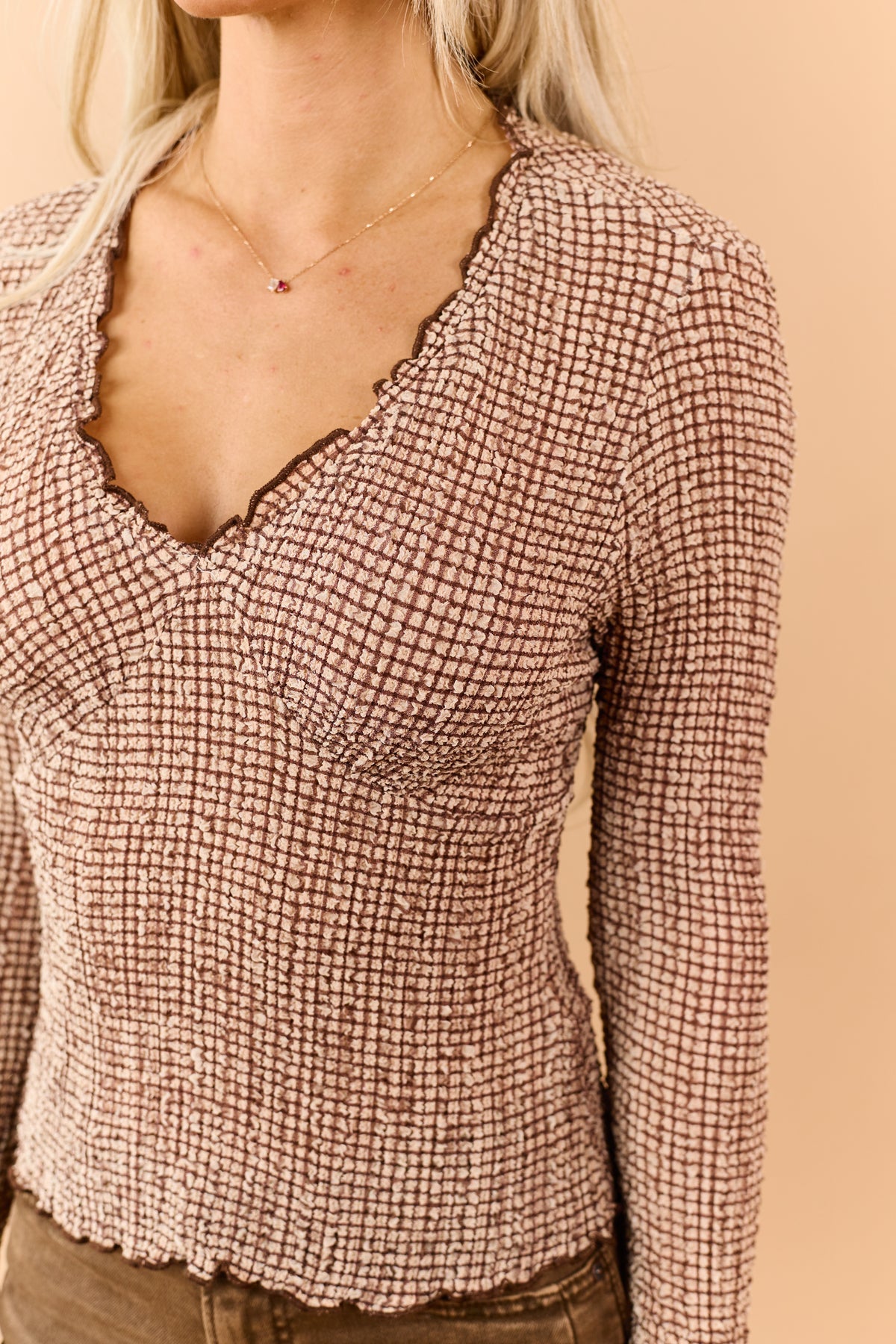 Desert Sand Textured Plaid V-Neck Long Sleeve Top