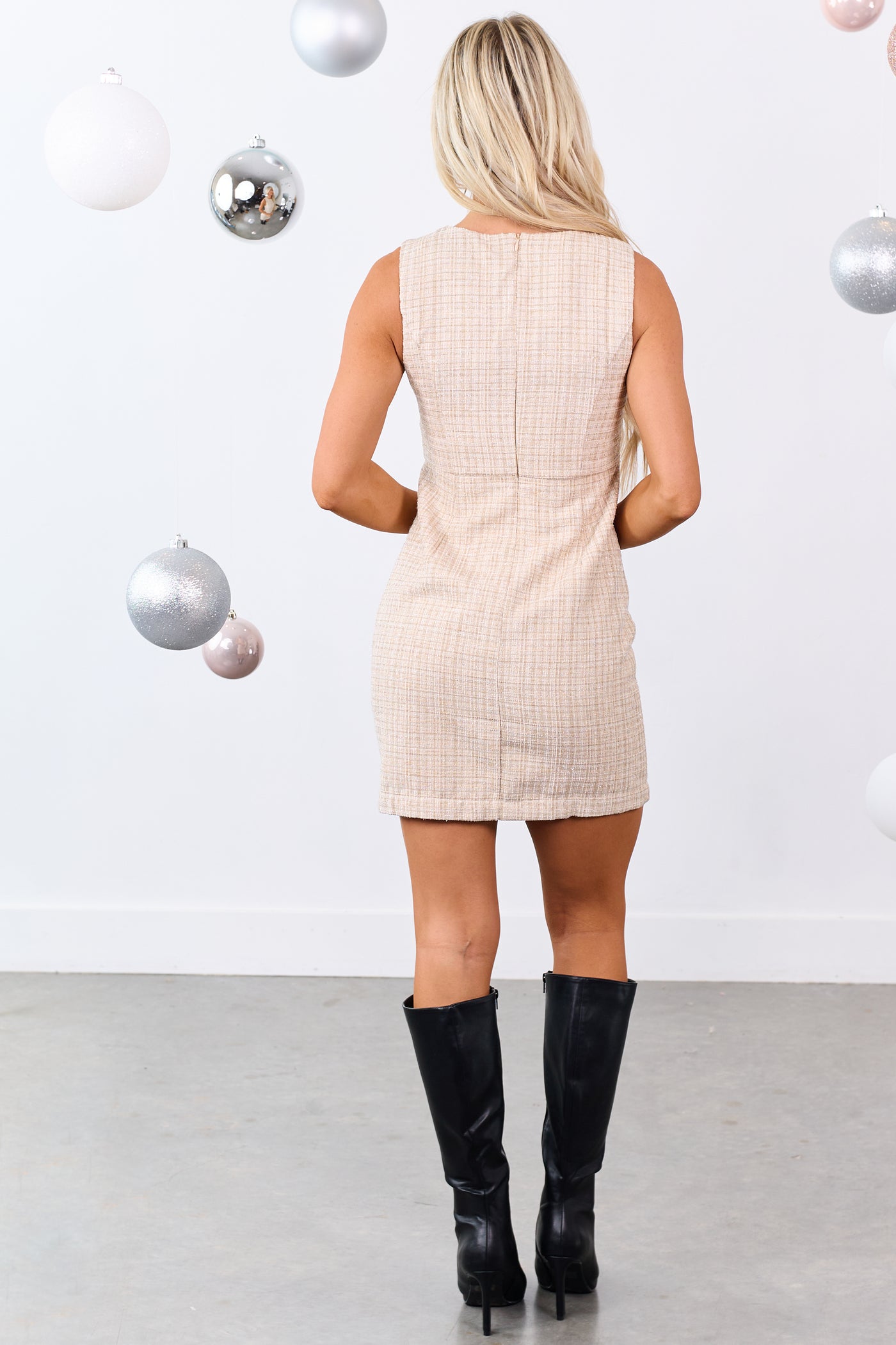Desert Sand Tweed Sleeveless Round Neck Mini Dress