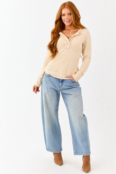 Desert Sand Waffle Knit Long Sleeve Henley Top