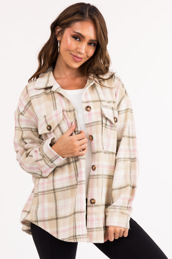 Desert Sand and Pink Plaid Button Up Shacket