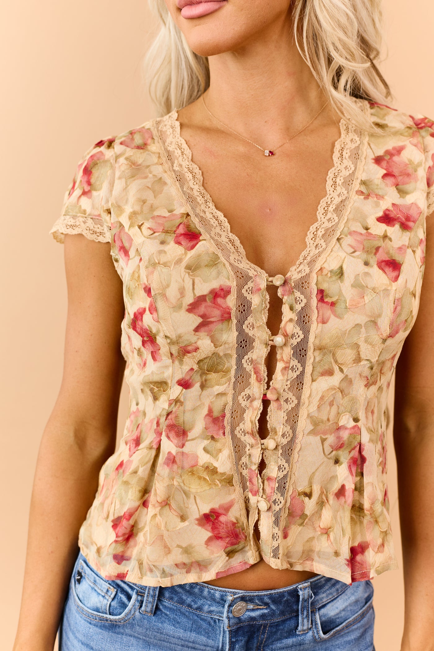 Desert Vintage Floral Button Down Lace Trim Blouse