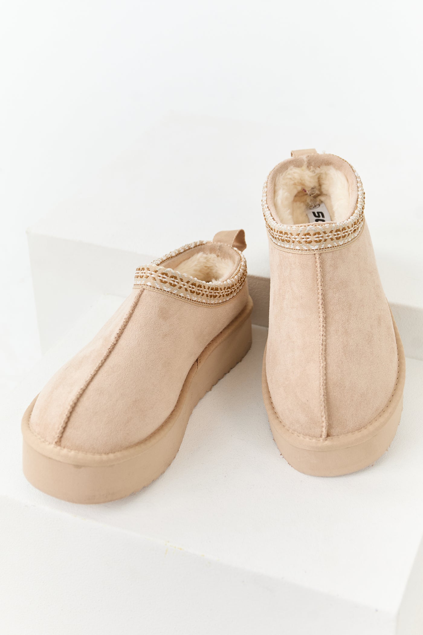 Desert Sand Faux Suede Fur Lined Platform Slippers
