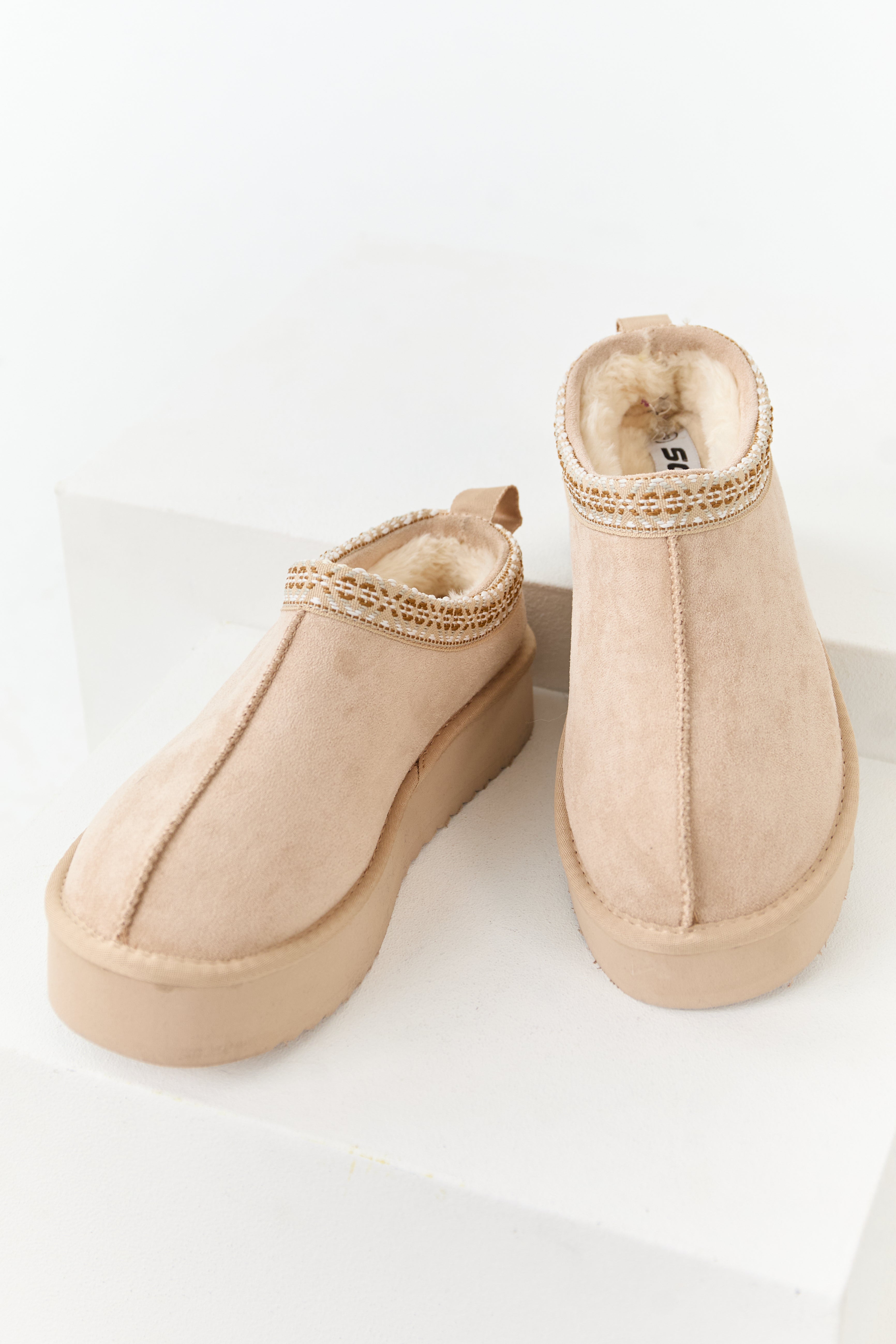 Desert Sand Faux Suede Fur Lined Platform Slippers