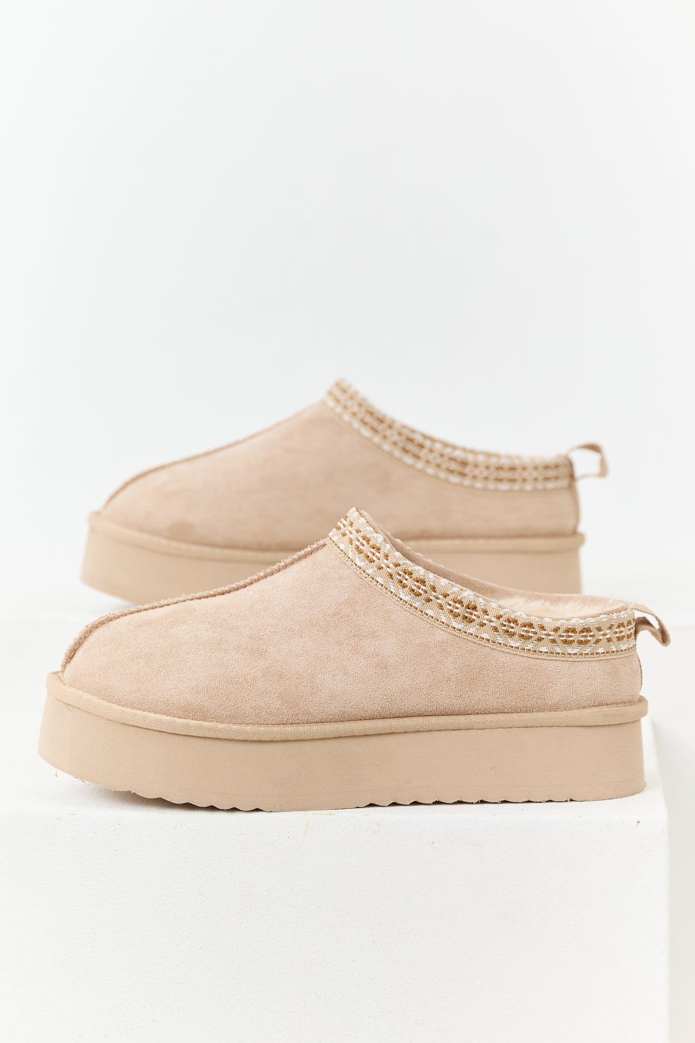 Desert Sand Faux Suede Fur Lined Platform Slippers