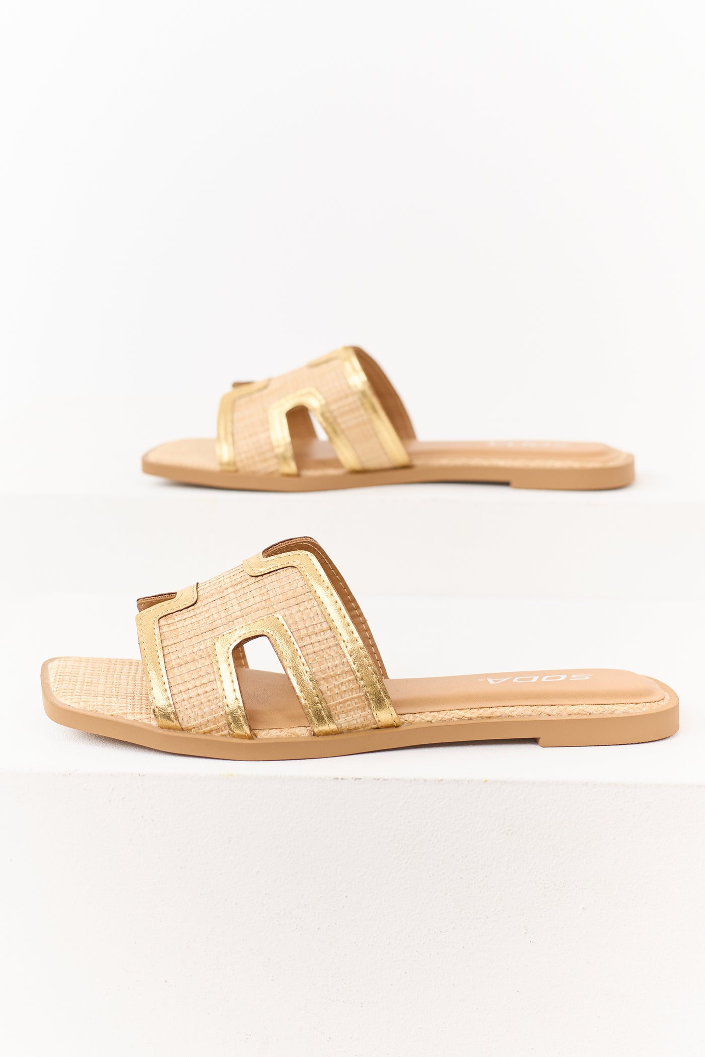 Desert Sand Raffia Gold Faux Leather Strap Sandals