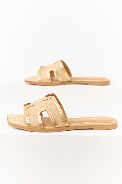 Desert Sand Raffia Gold Faux Leather Strap Sandals