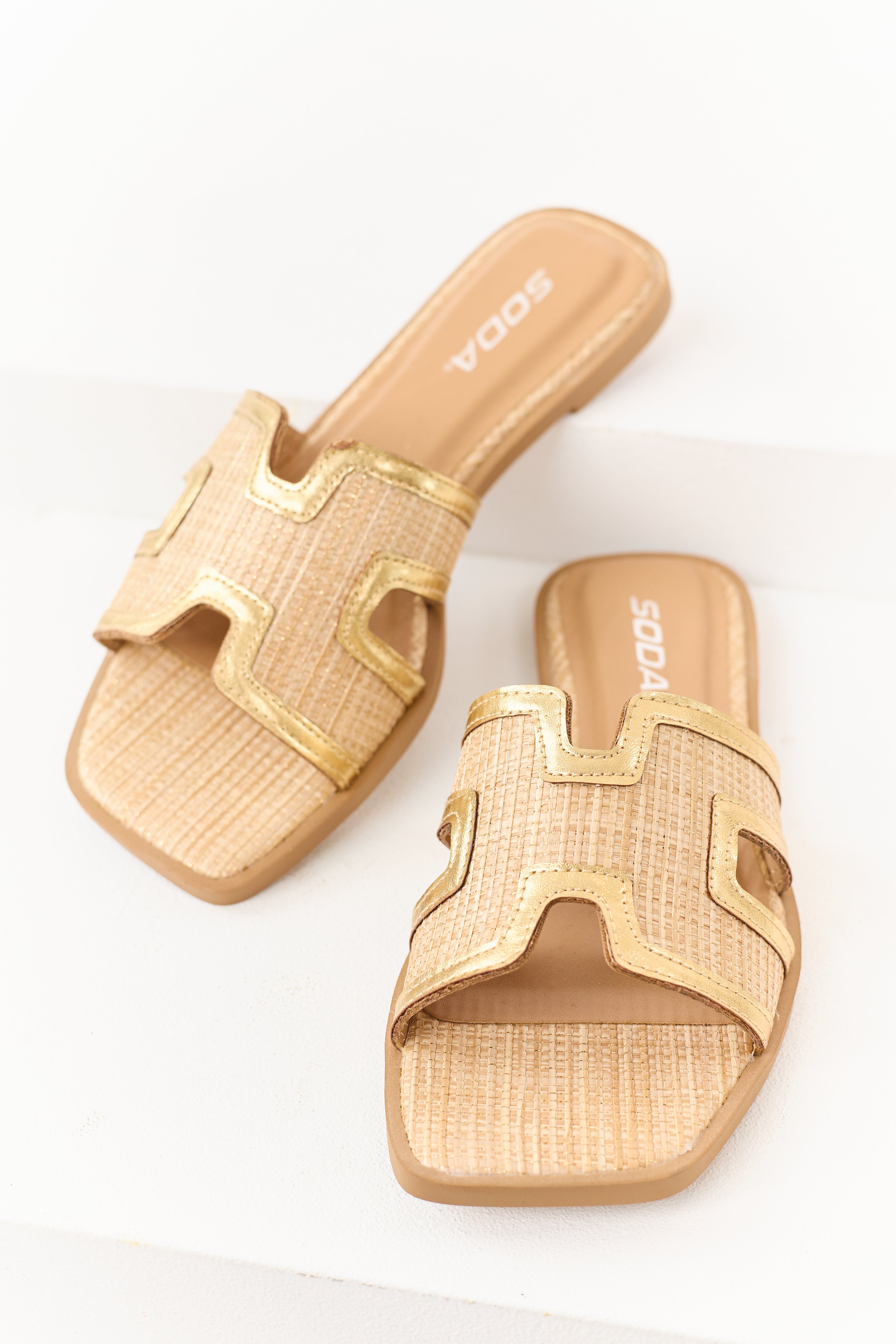 Desert Sand Raffia Gold Faux Leather Strap Sandals