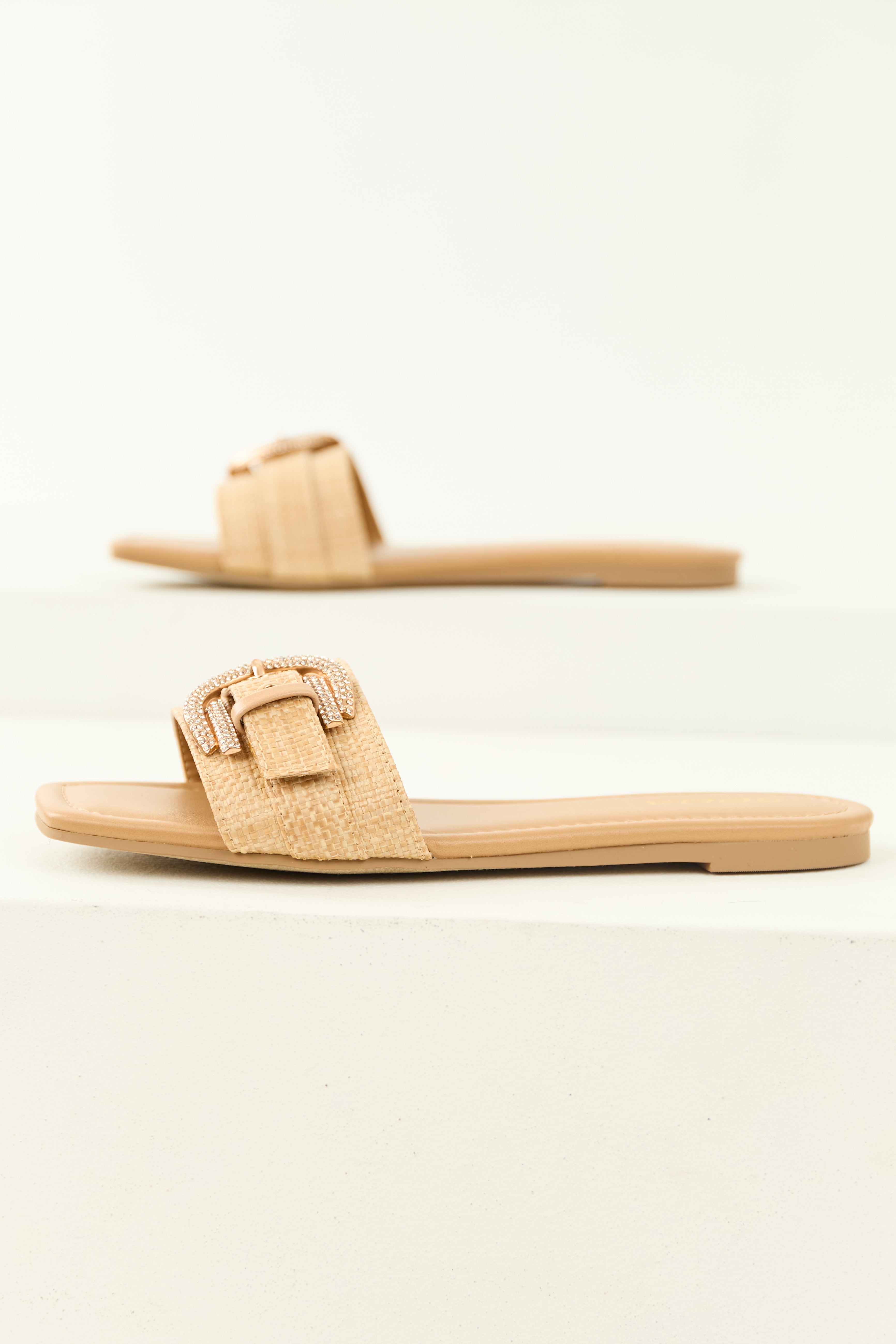 Desert Sand Raffia Strap Rhinestone Buckle Sandals