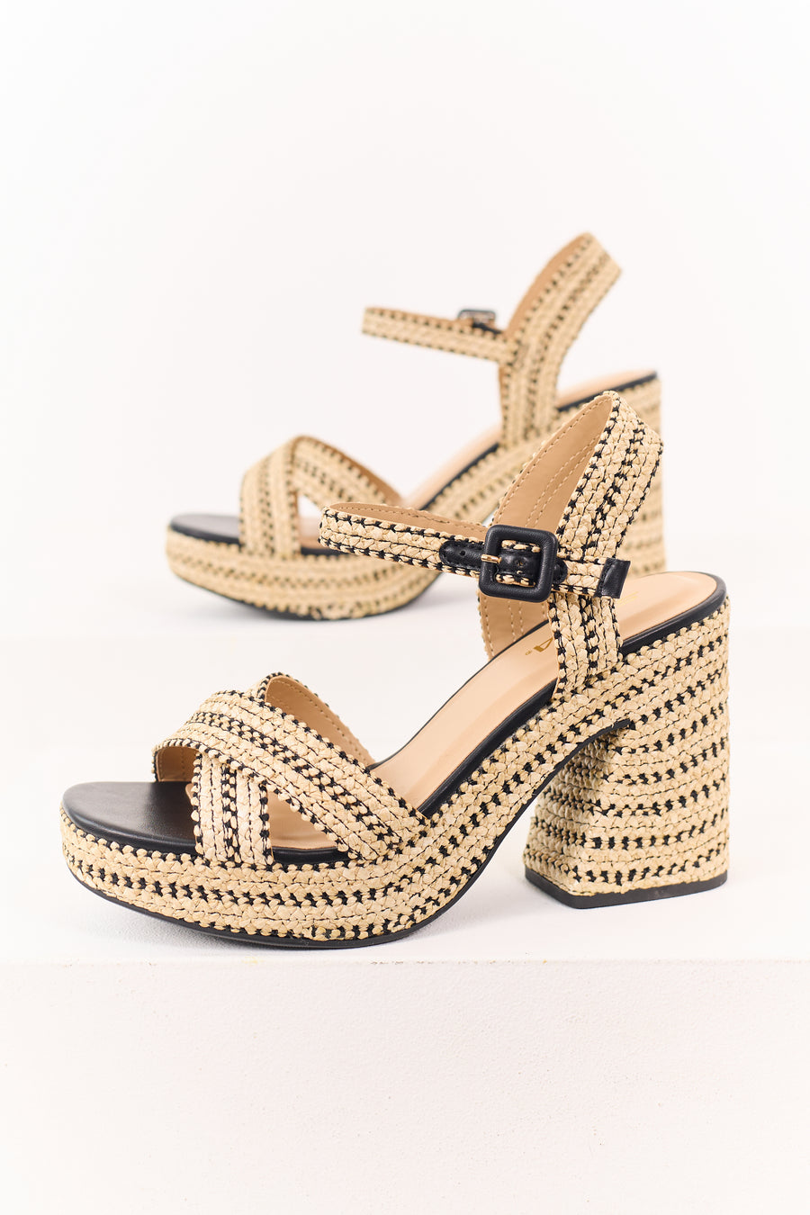 Desert Sand Raffia Woven Open Toed Platform Heels