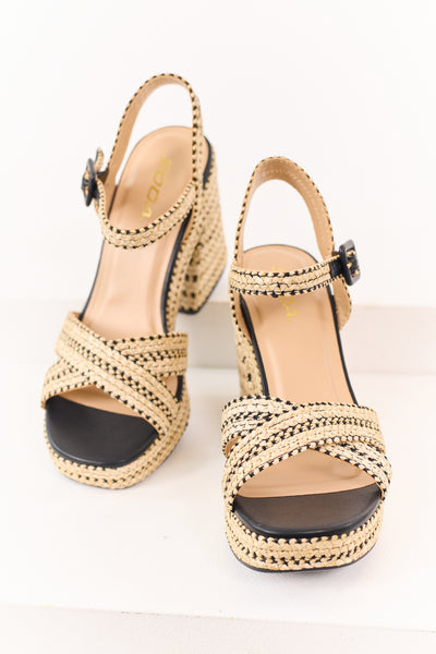 Desert Sand Raffia Woven Open Toed Platform Heels
