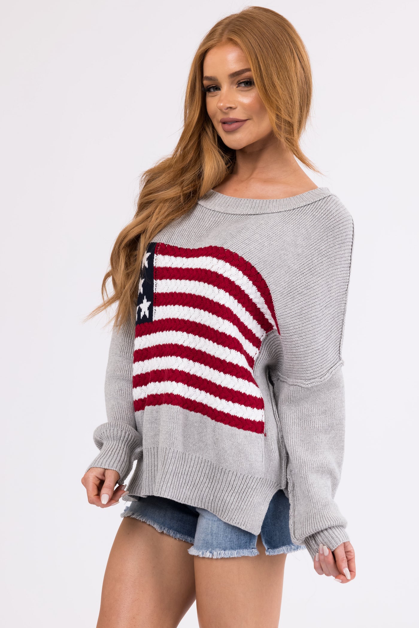 Dove Grey American Flag Crochet Knit Sweater