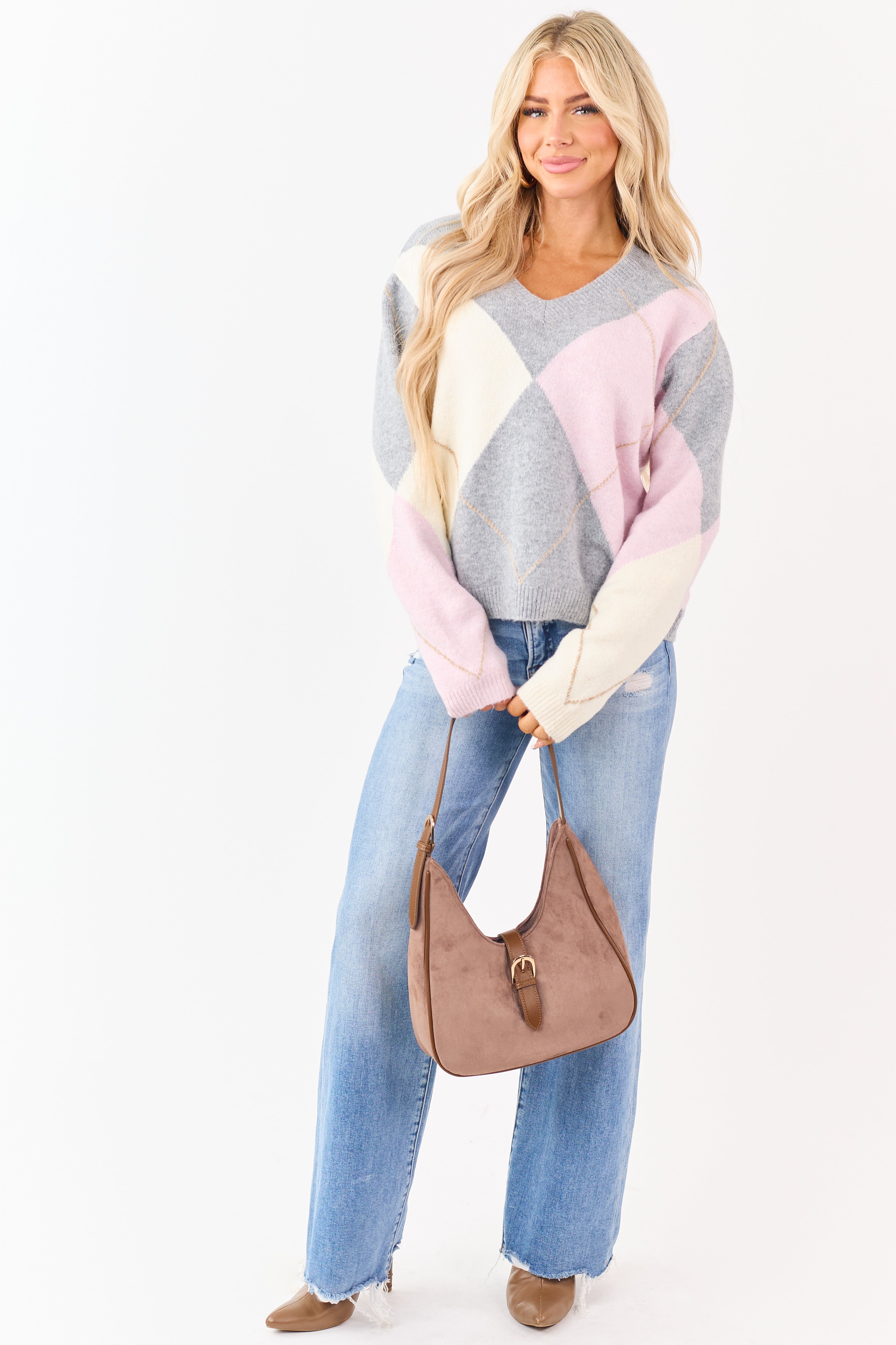 Dove Grey Argyle Pattern V-Neck Knit Sweater