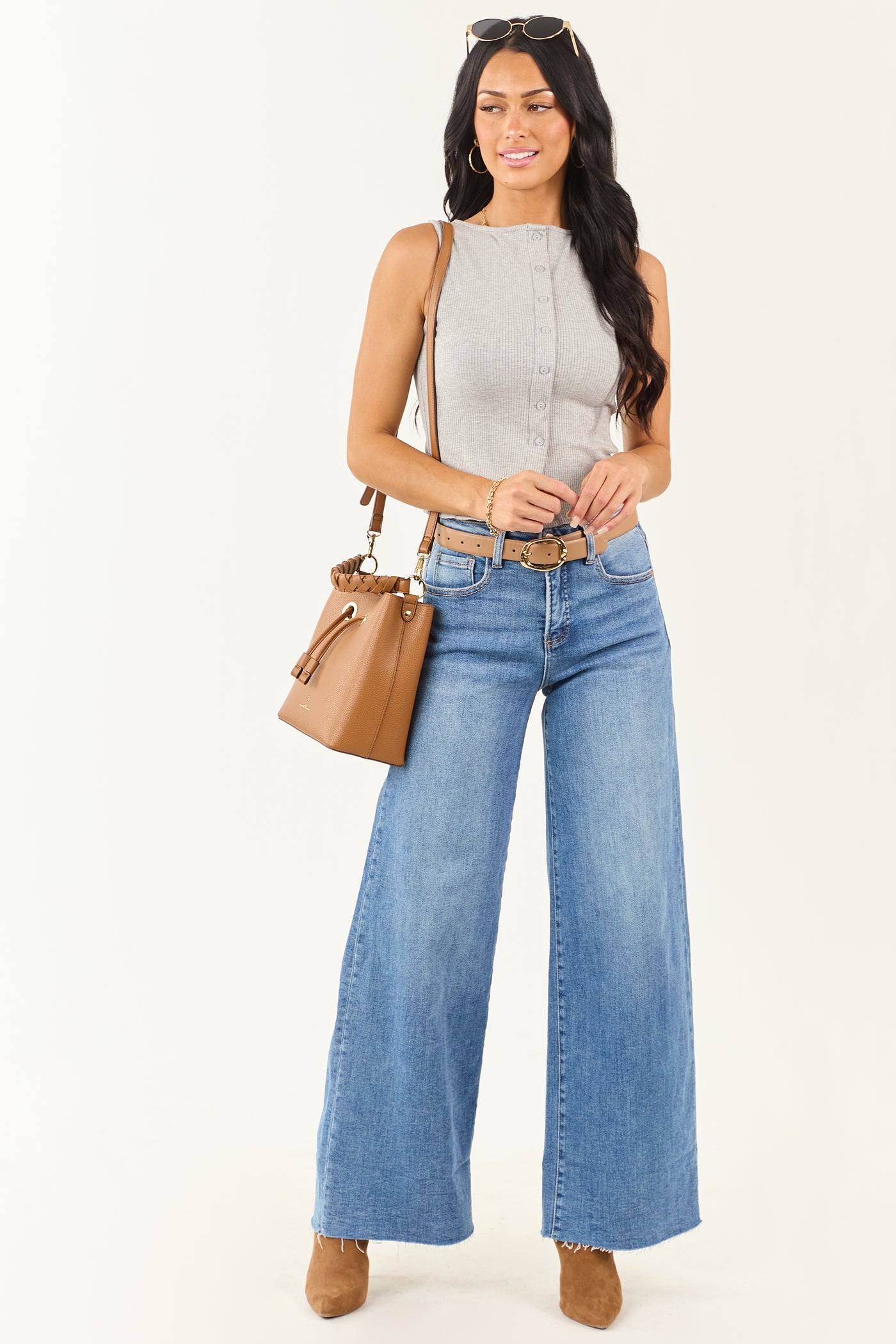 Dove Grey Button Down Ribbed Knit Tank Top