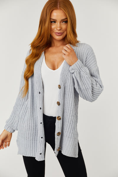 Dove Grey Chenille Drop Sleeve Knit Cardigan