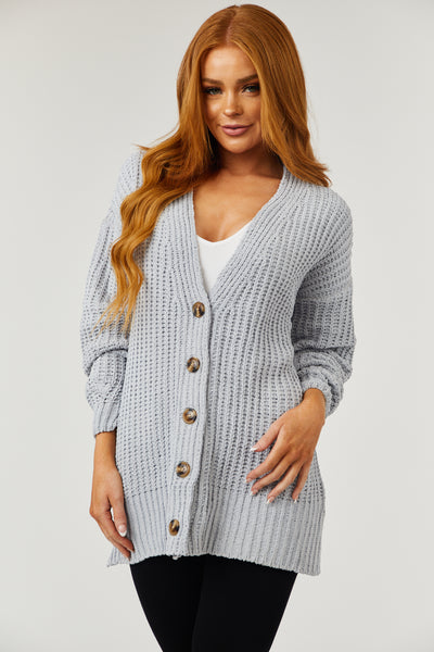 Dove Grey Chenille Drop Sleeve Knit Cardigan