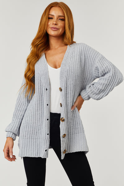 Dove Grey Chenille Drop Sleeve Knit Cardigan