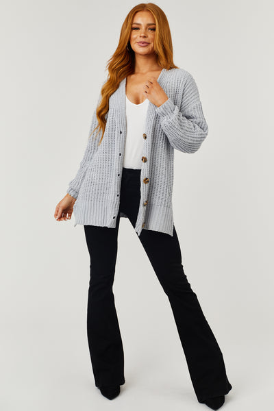 Dove Grey Chenille Drop Sleeve Knit Cardigan