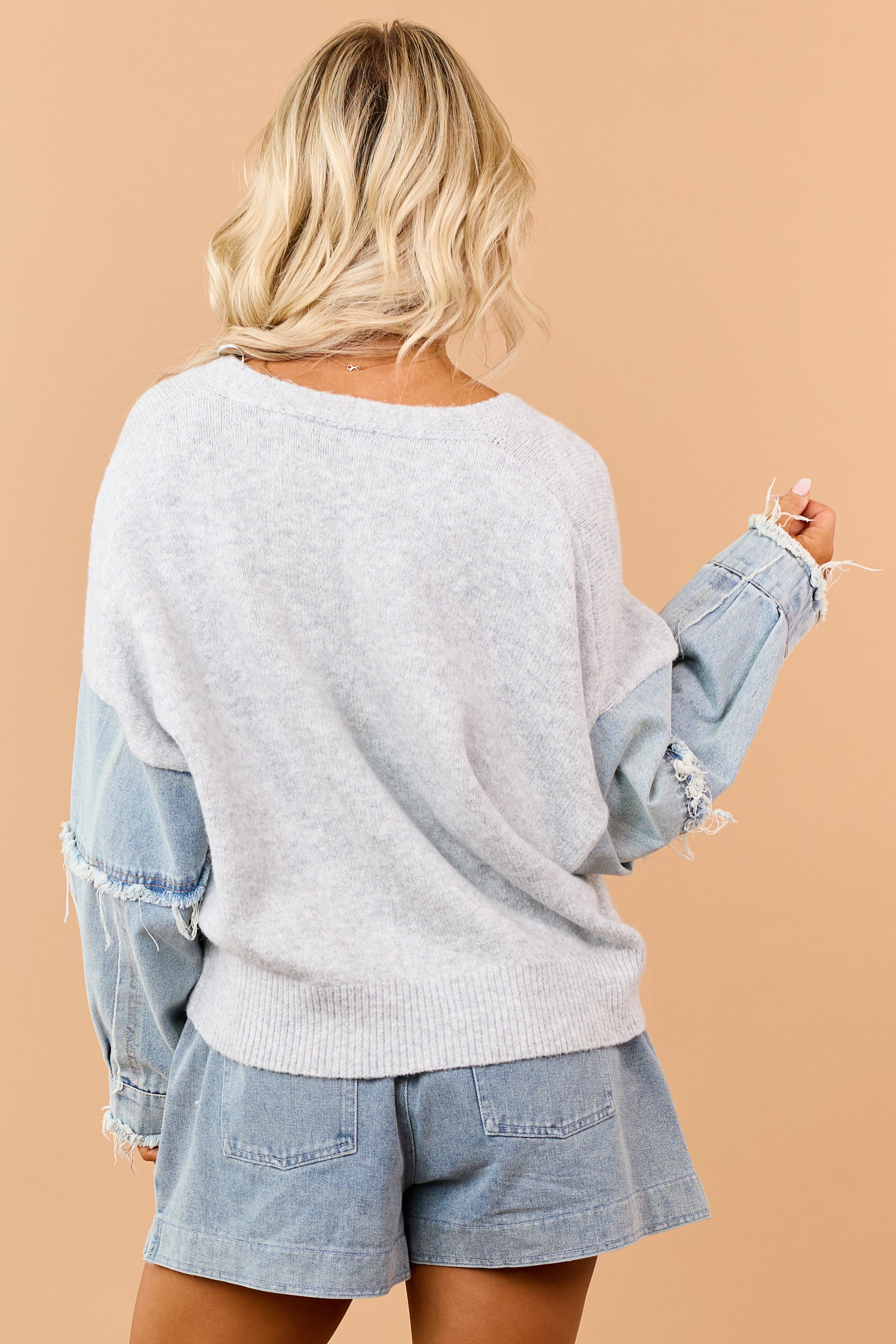 Dove Grey Denim Sleeve Button Down Cardigan