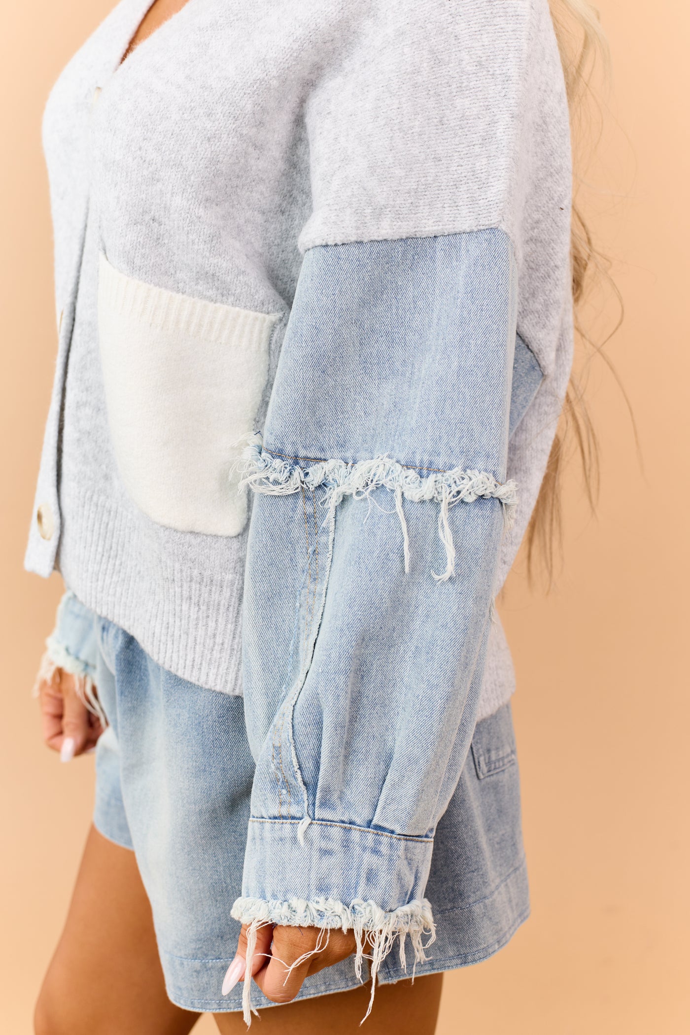Dove Grey Denim Sleeve Button Down Cardigan