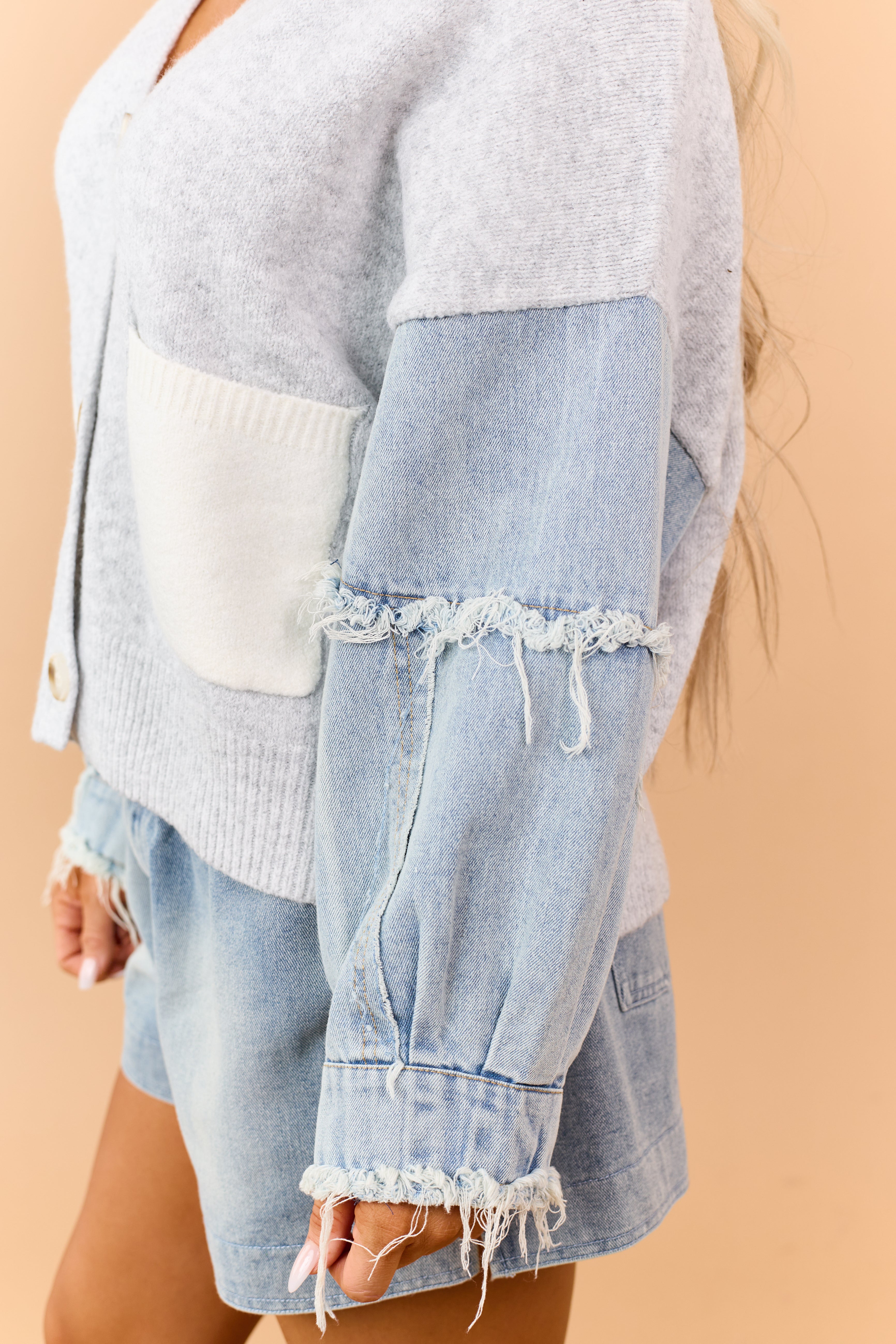 Dove Grey Denim Sleeve Button Down Cardigan