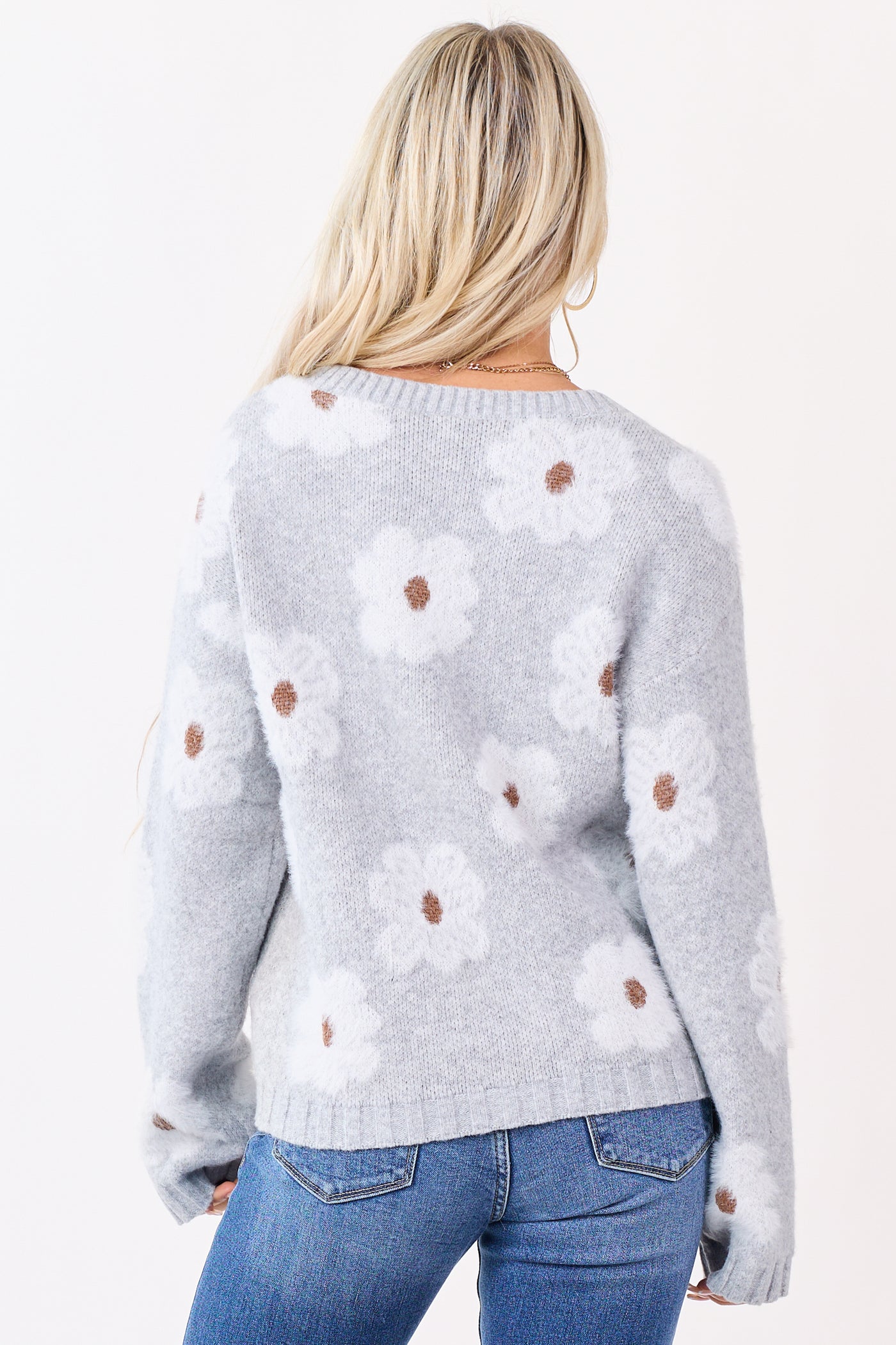 Dove Grey Eyelash Knit Floral Pattern V-Neck Sweater