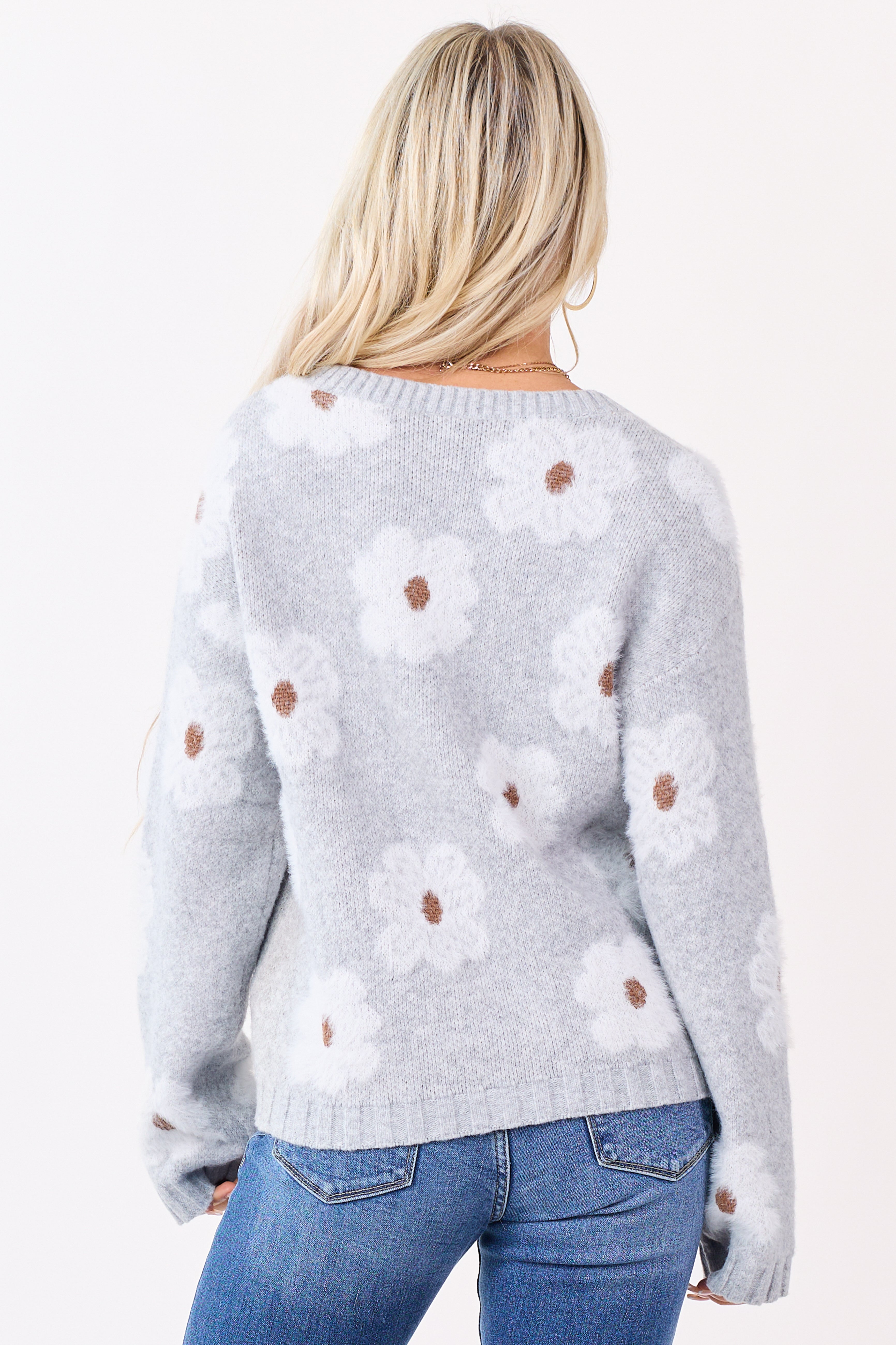 Dove Grey Eyelash Knit Floral Pattern V-Neck Sweater